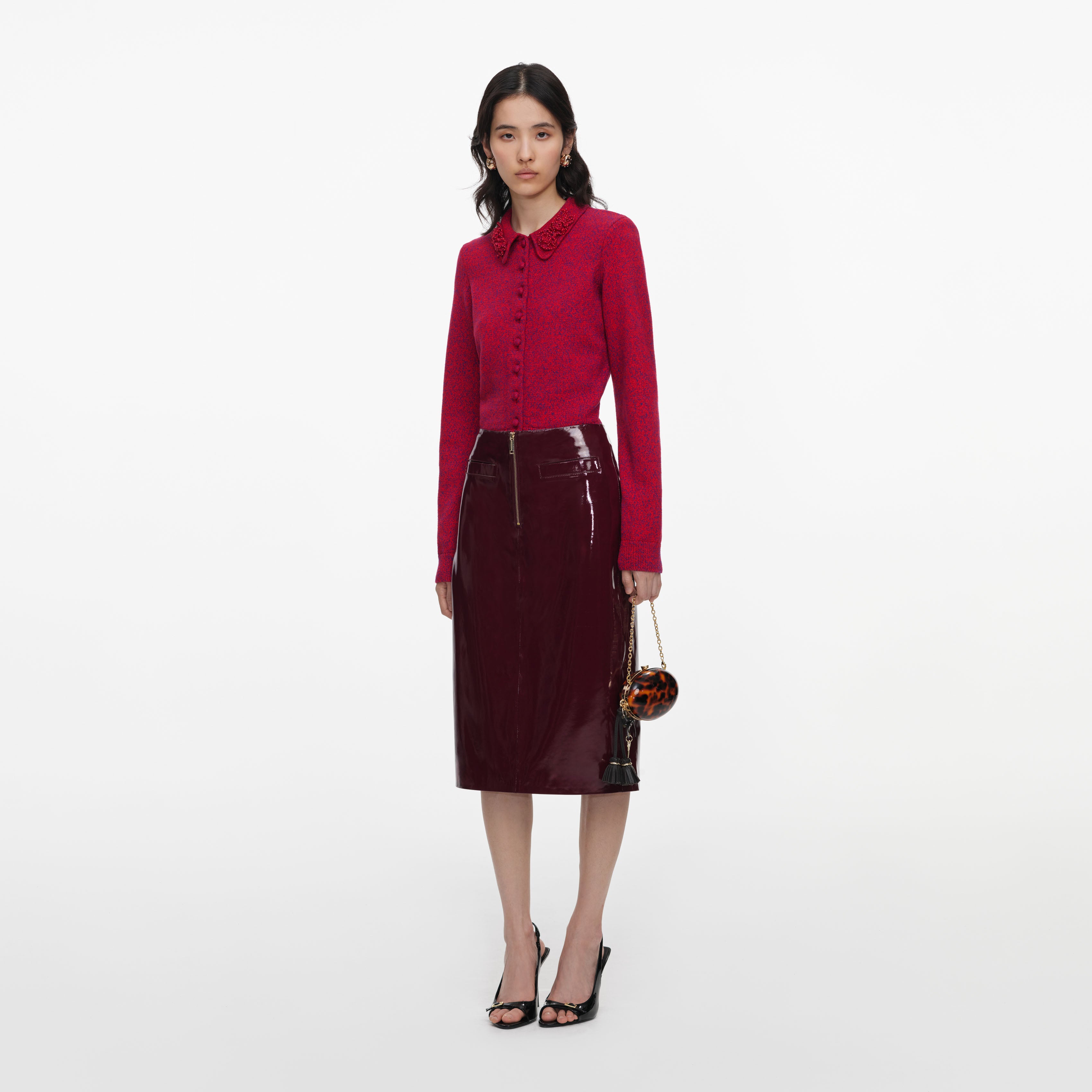 Self Portrait Red Flower Knit Cardigan S Rot Boucle