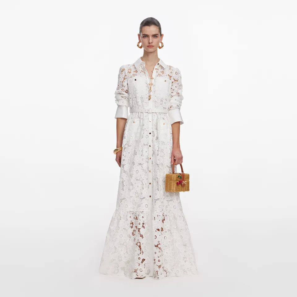 Self Portrait Lace Collared Maxi Kleid Weiß Spitze