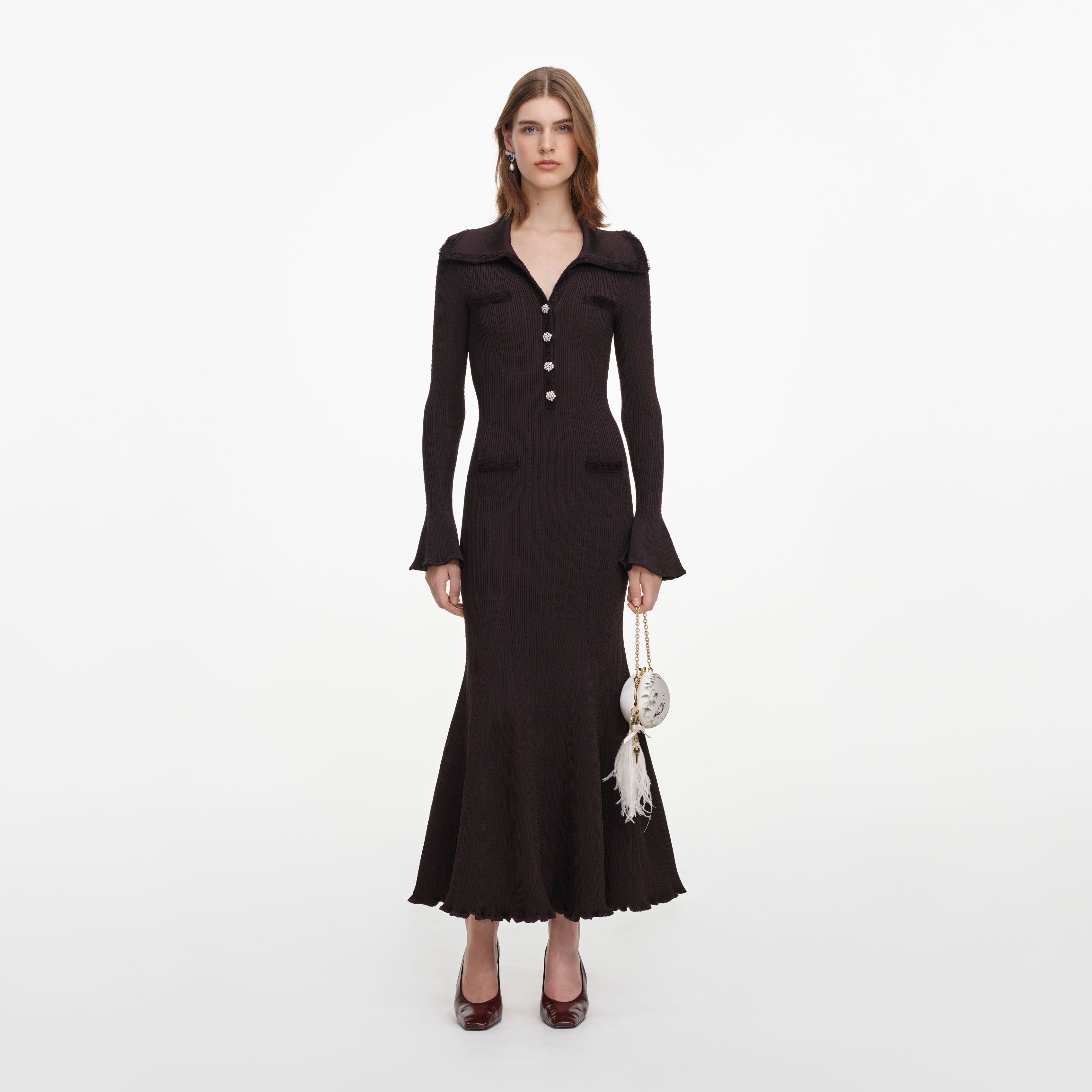 Self Portrait Fringe Strick Midikleid Braun Fransen