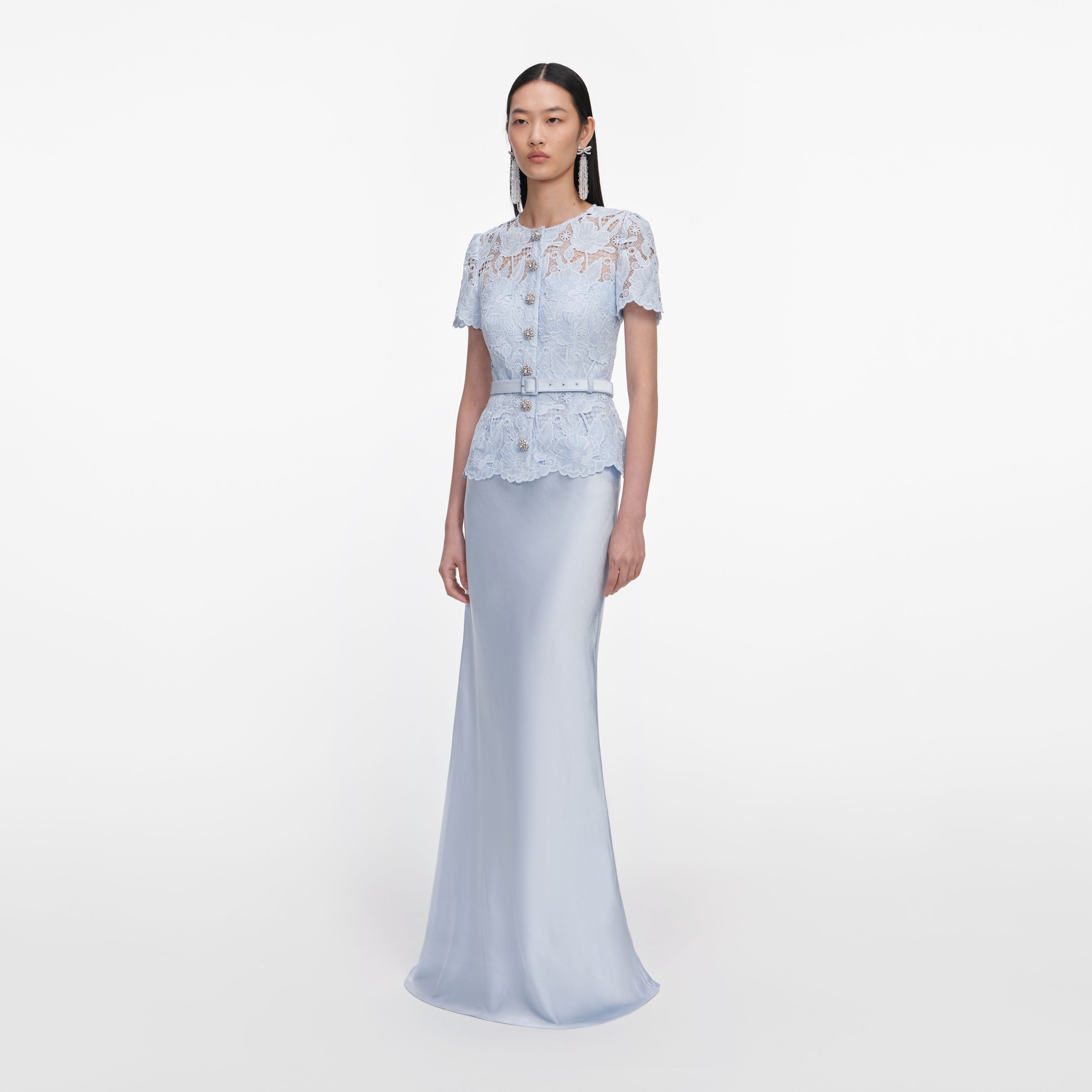 Self Portrait Blue Lace Satin Maxikleid Blau