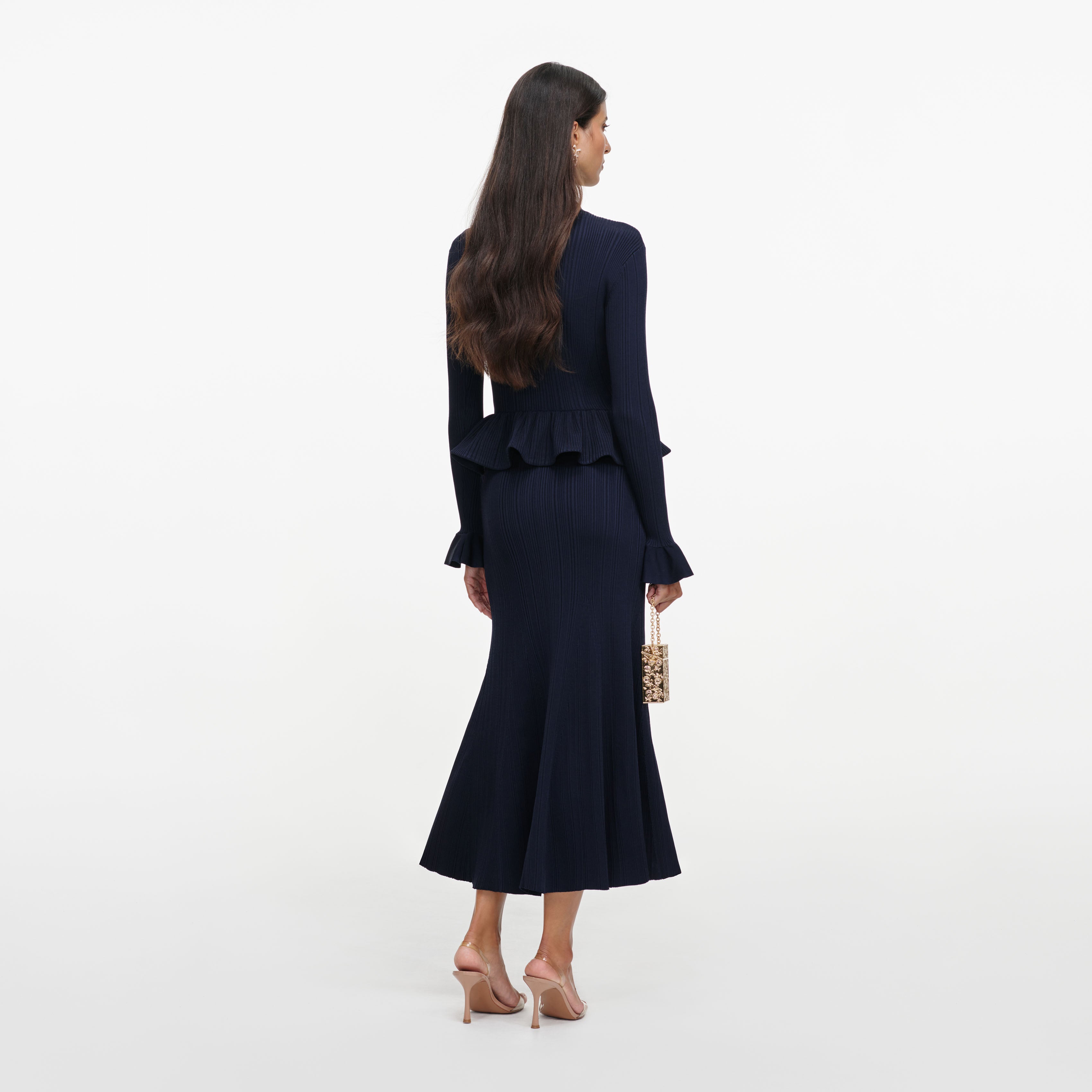 Self Portrait Peplum Strick Midikleid Navy