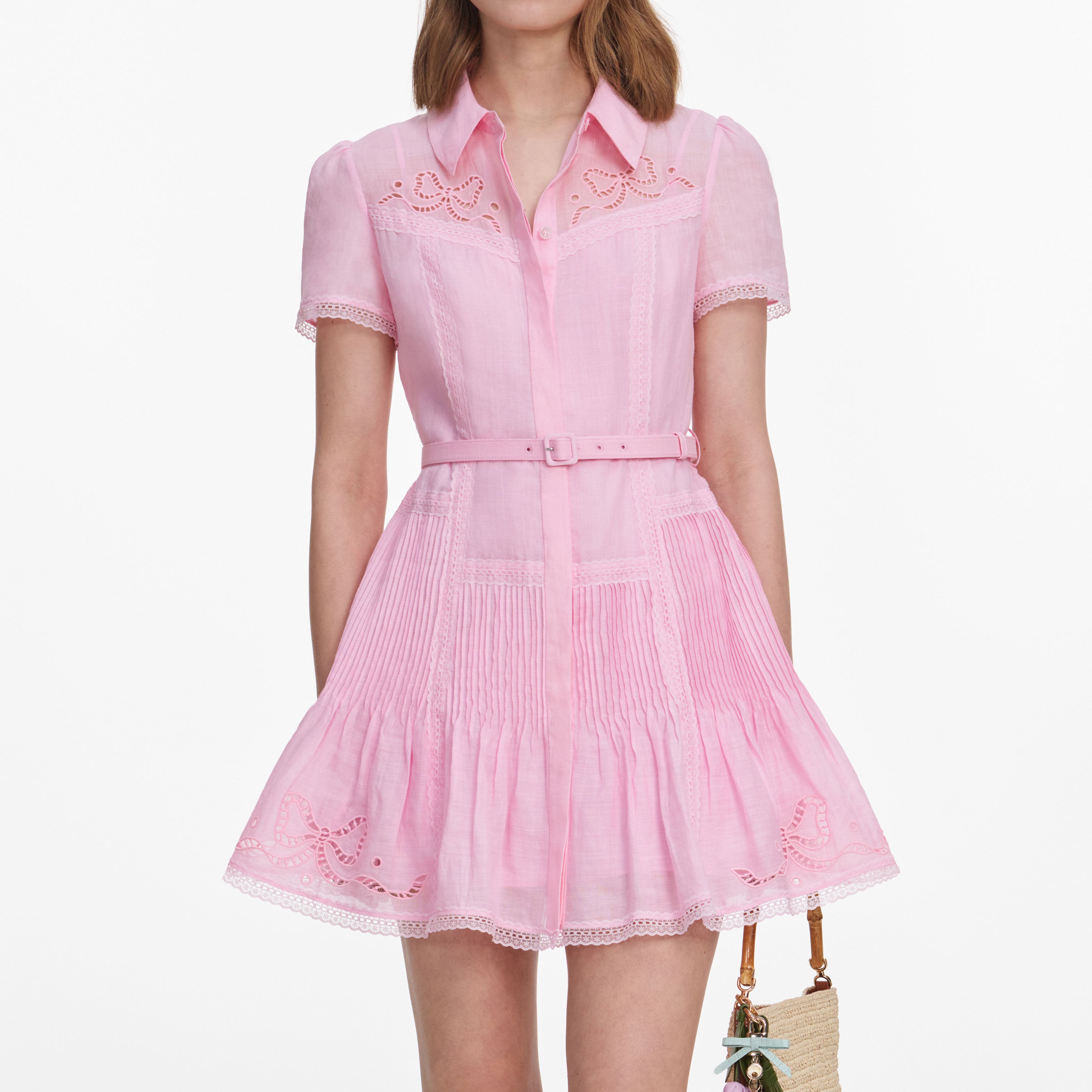 Self Portrait Pink Embroidered Minikleid Rosa UK 6 Leinen