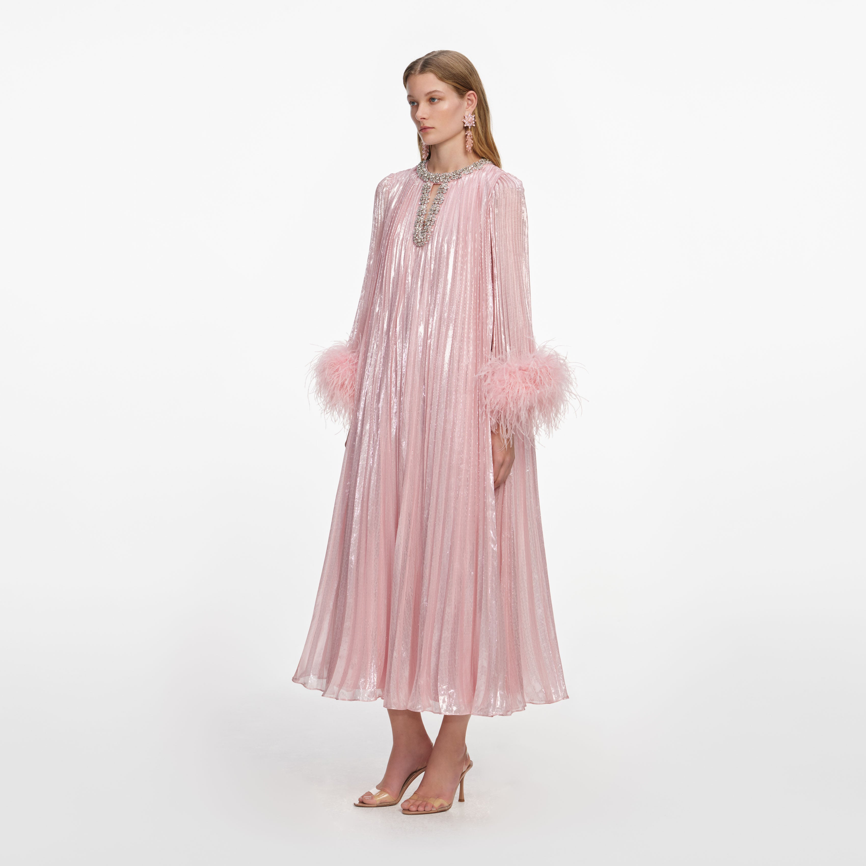Self Portrait Pink Metallic Chiffon Midi Kleid Feder