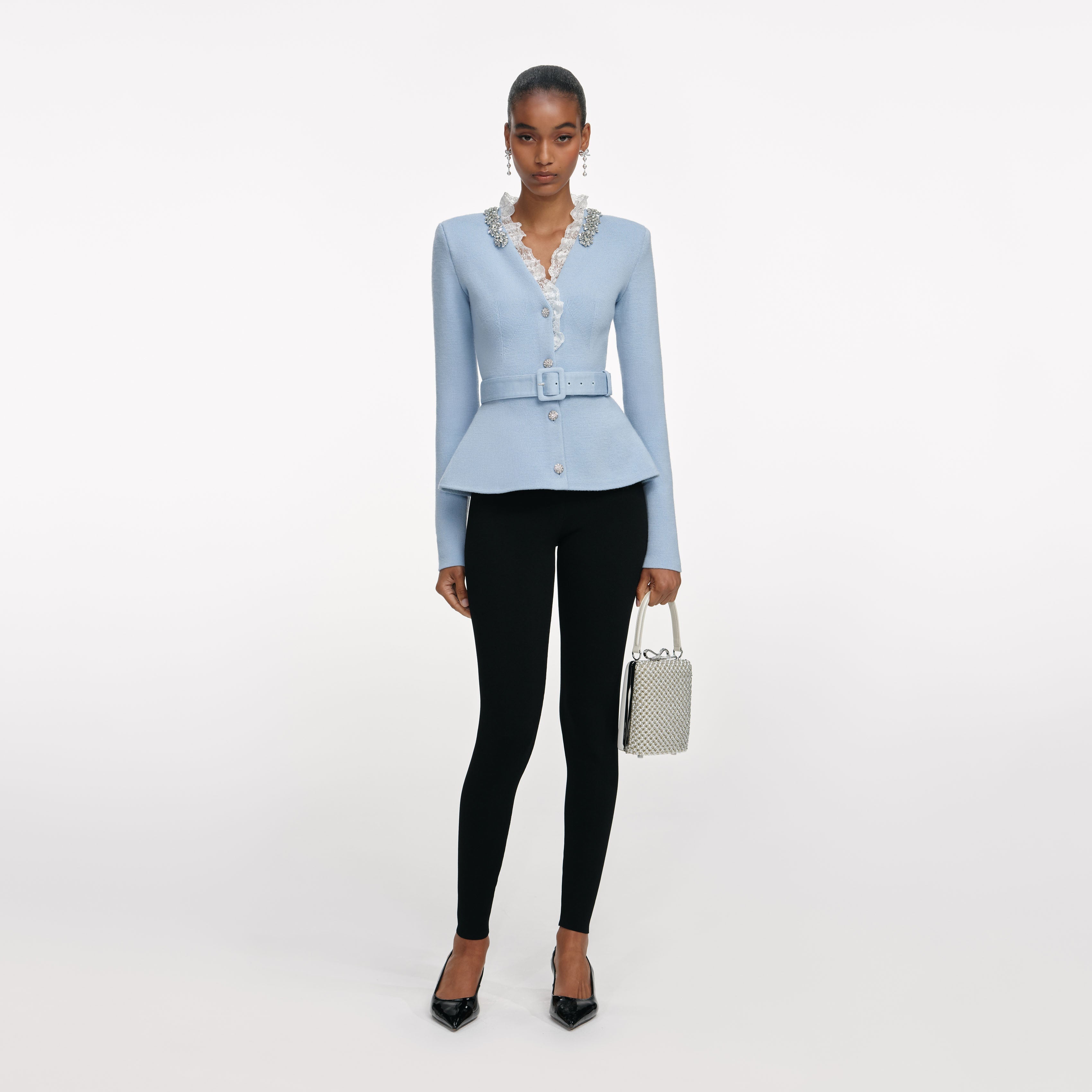 Self Portrait Blue Crystal Trim Cardigan Strickjacke Blau M Gürtel