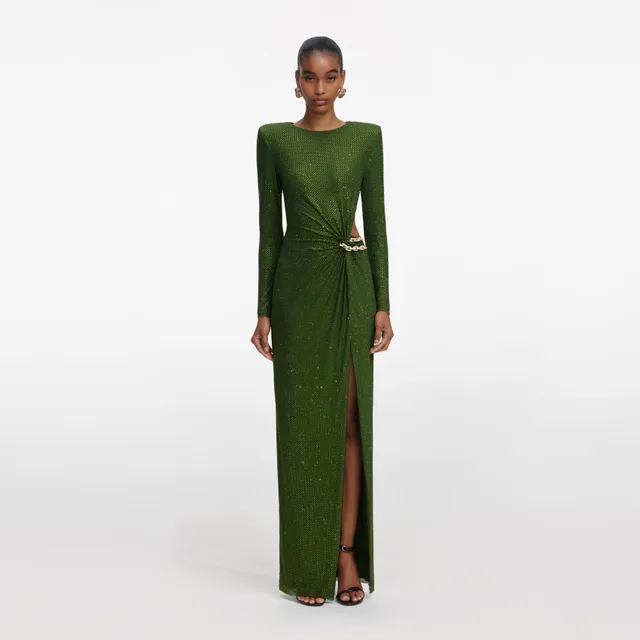 Self Portrait Olive Rhinestone Maxi Kleid Grün Strass