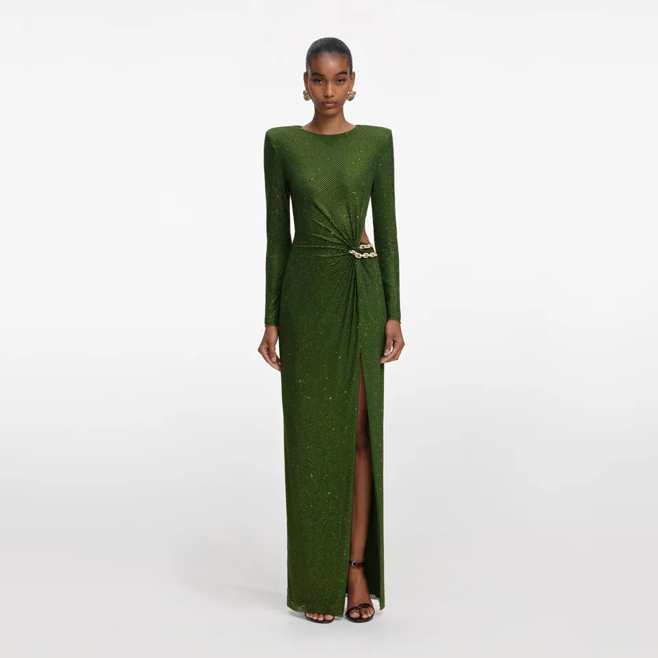Self Portrait Olive Rhinestone Maxi Kleid Grün Strass