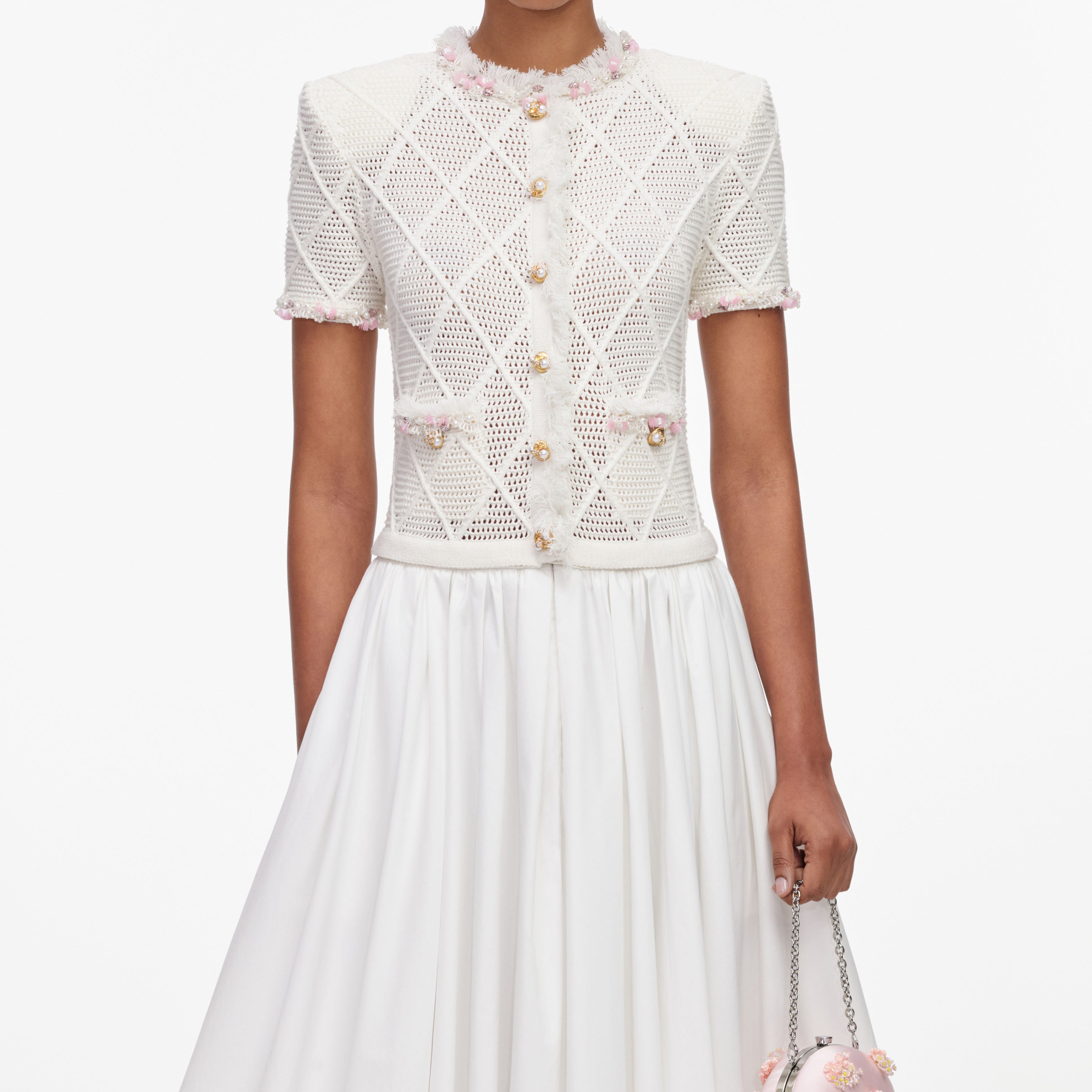 Self Portrait Fringe Knit Midikleid creme Baumwolle