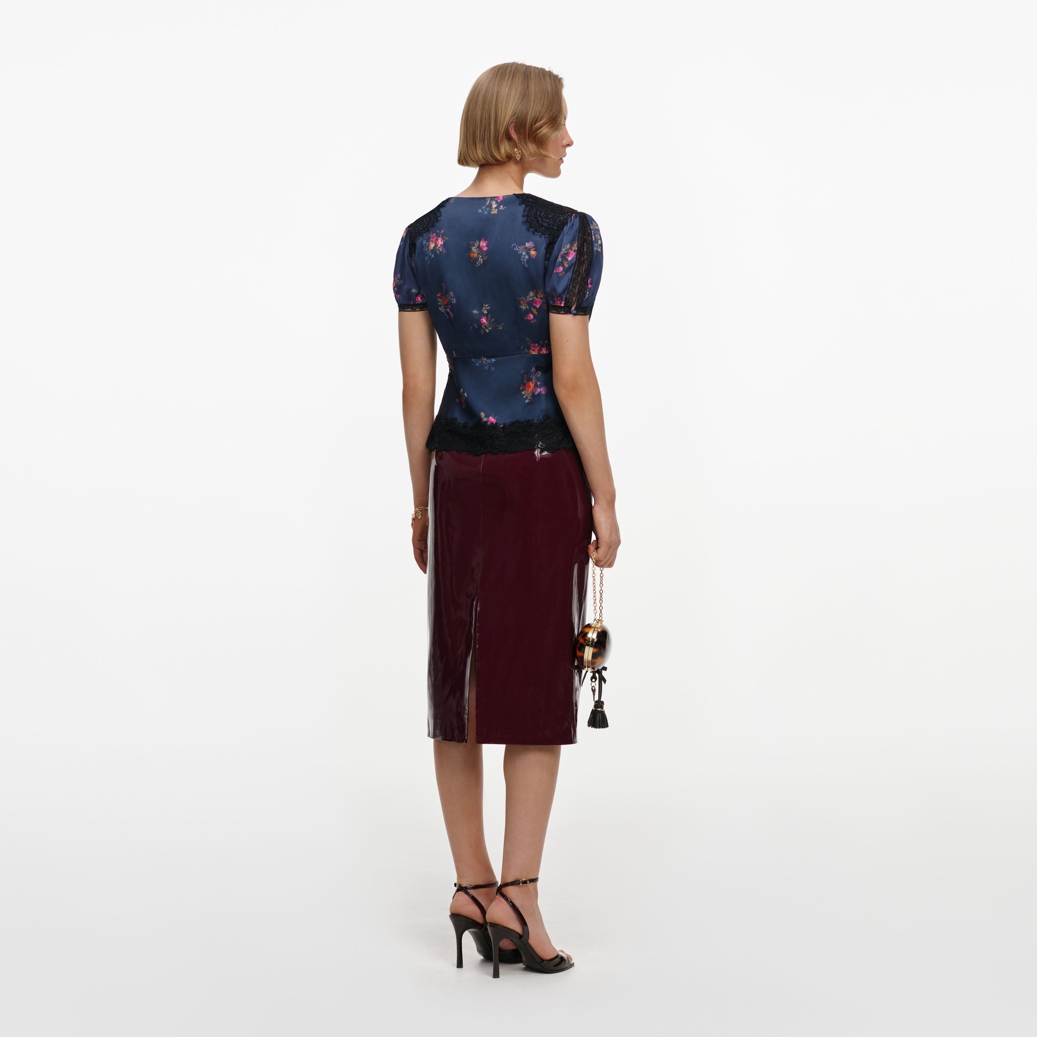 Self Portrait Tops Satin Top Navy Floral Spitze