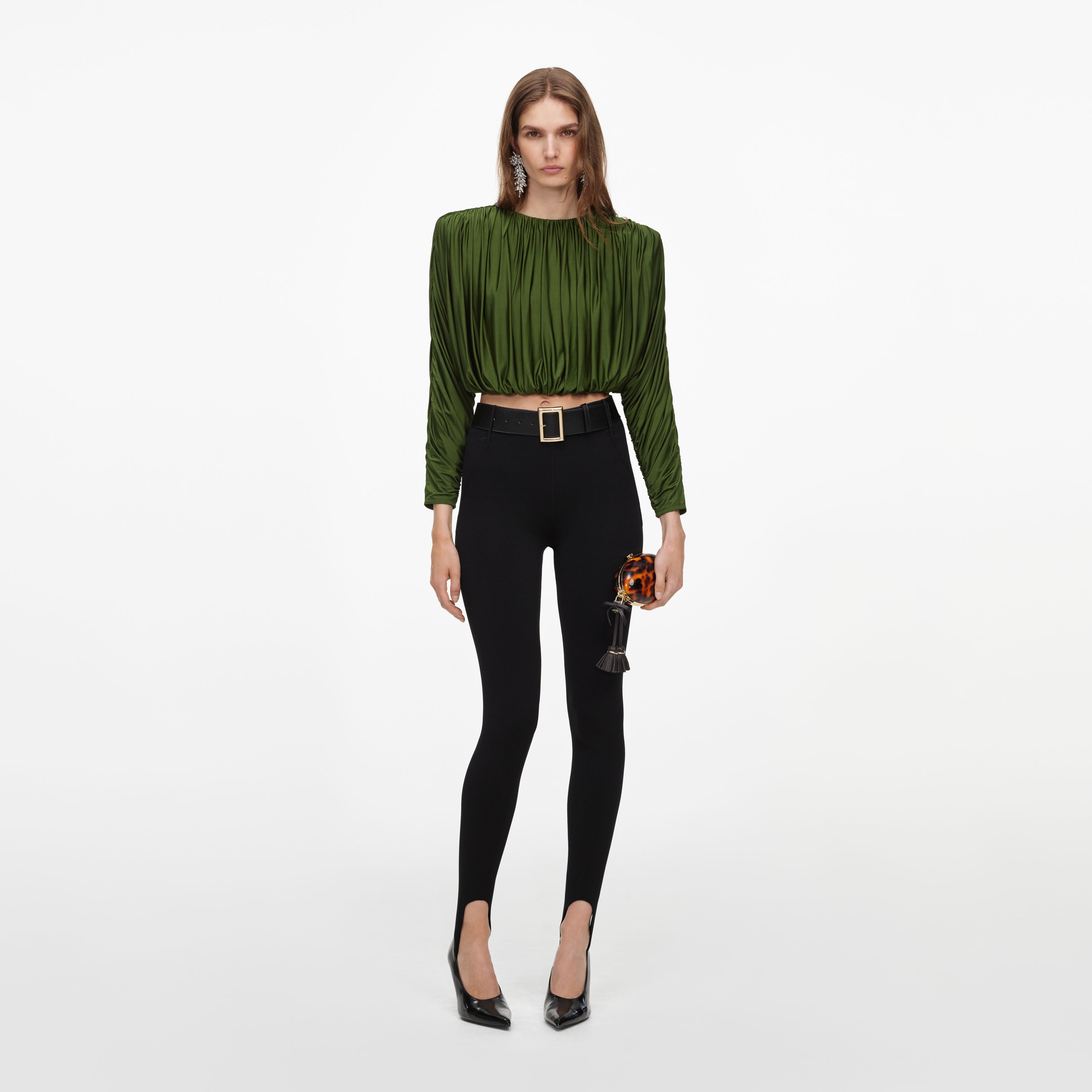 Self Portrait Olive Jersey Gathered Top Oliv Jersey Raffung