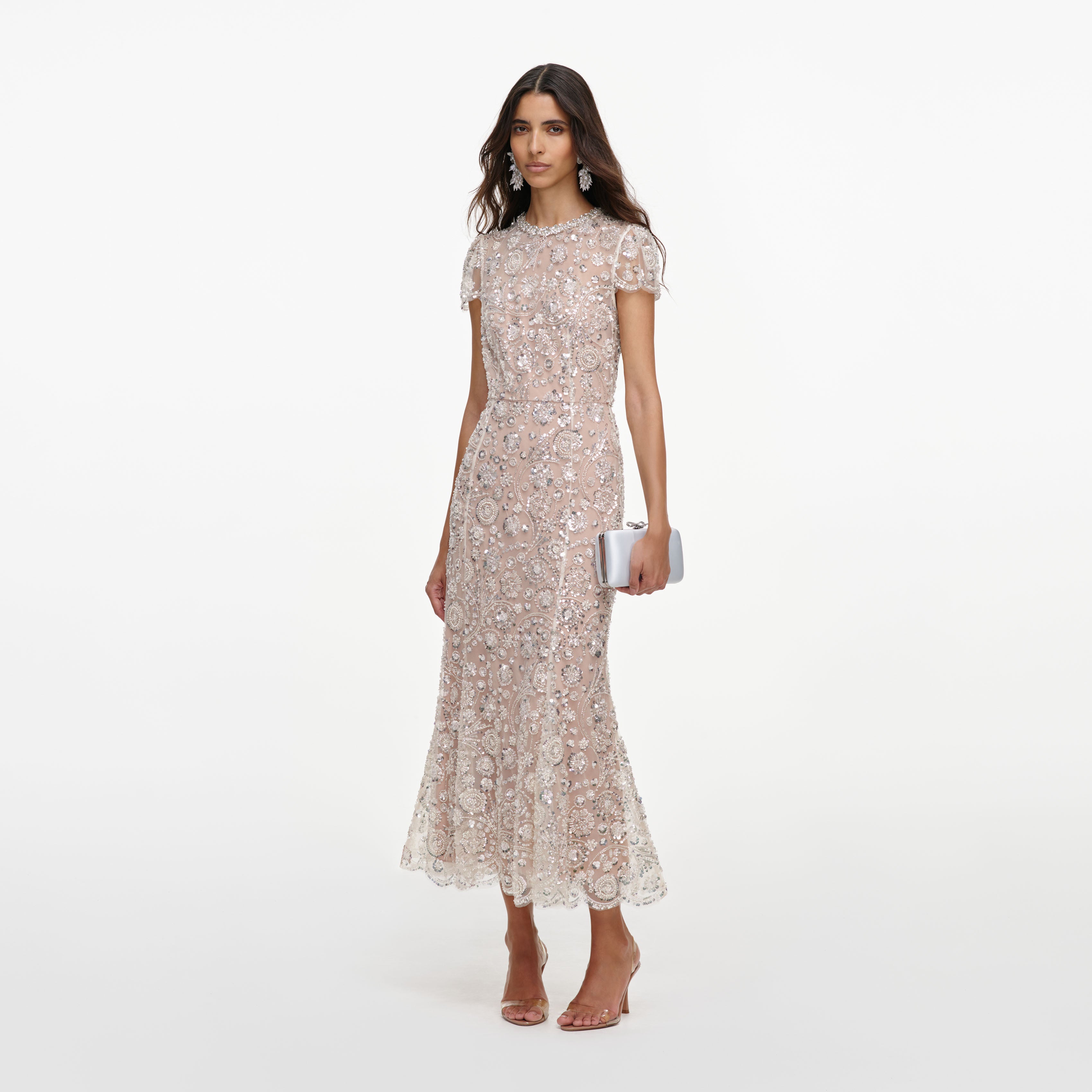 Self Portrait Cream Sequin Midi Kleid Creme Pailletten
