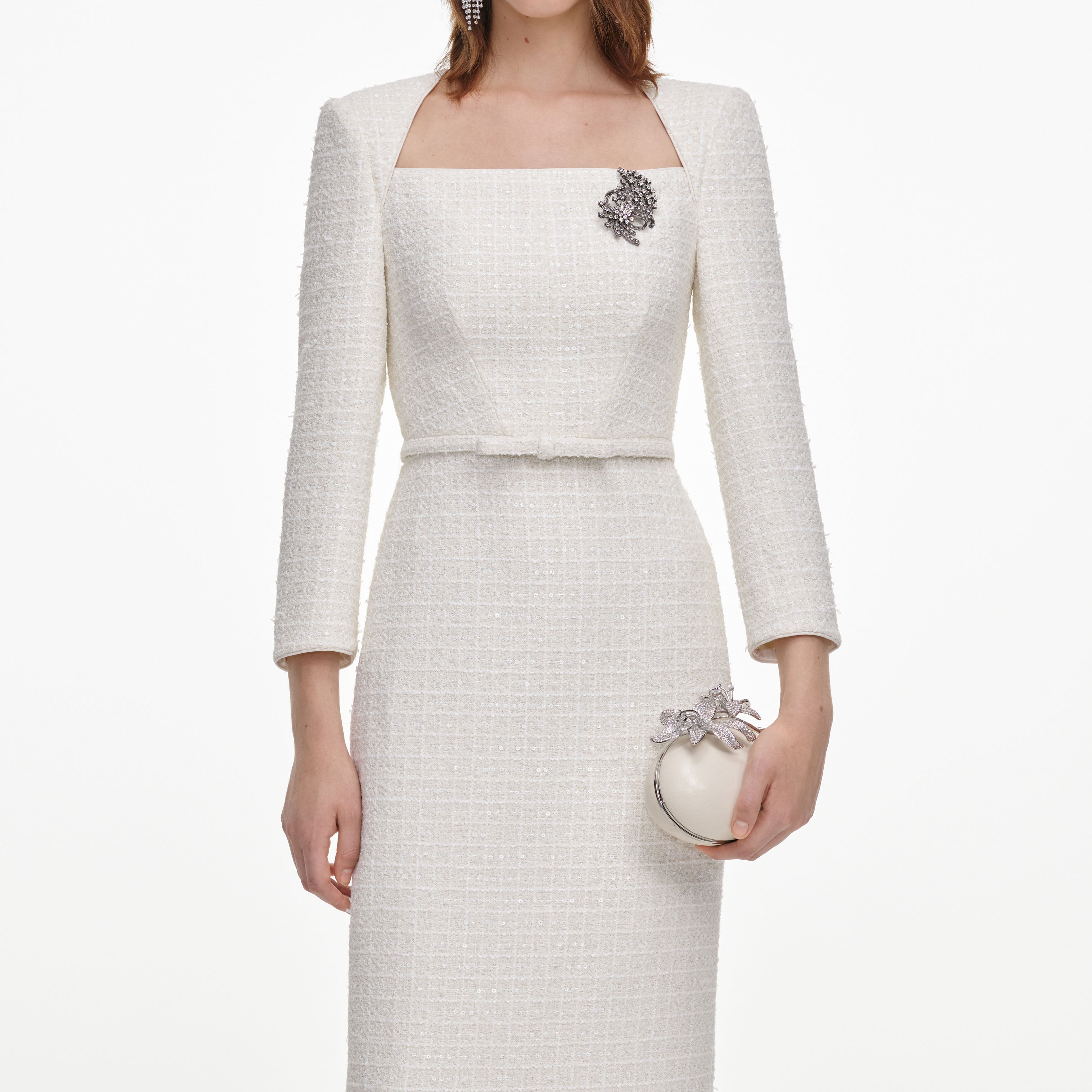 Self Portrait Cream Boucle Brooch Midi Kleid Creme 6