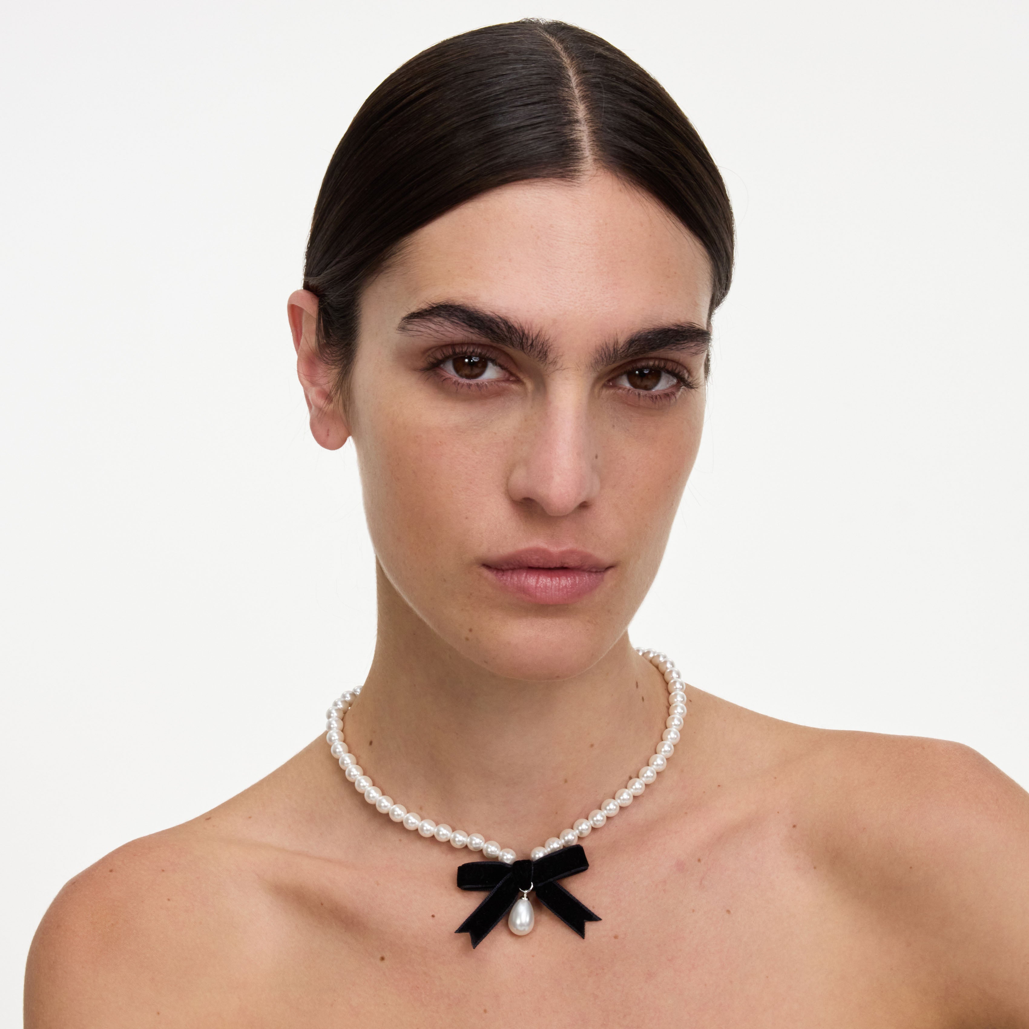 Self Portrait Black Bow Pearl Necklace Kette Schwarz Perlen One Size