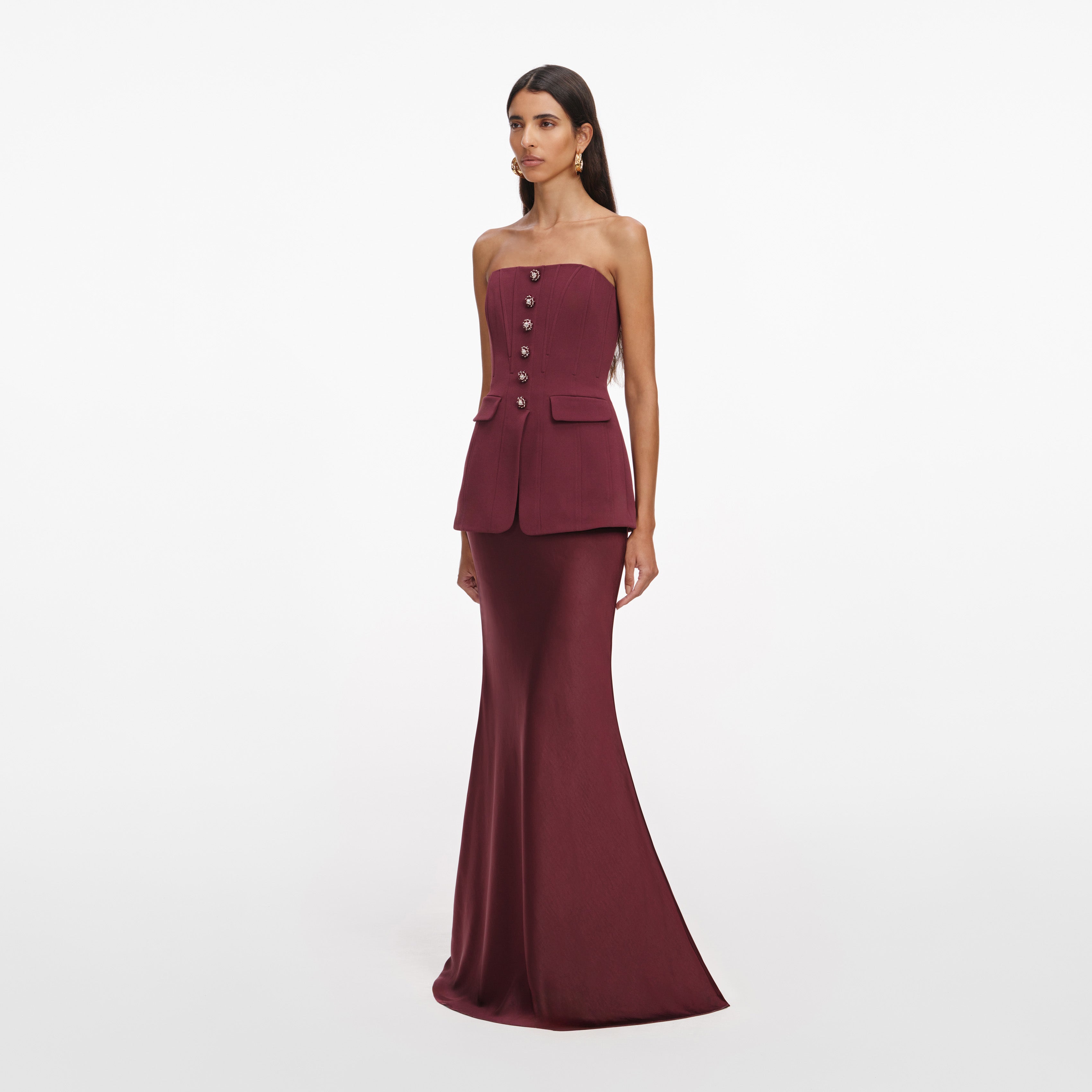 Self Portrait Bandeau Maxi Kleid burgundy Taft Abendkleid