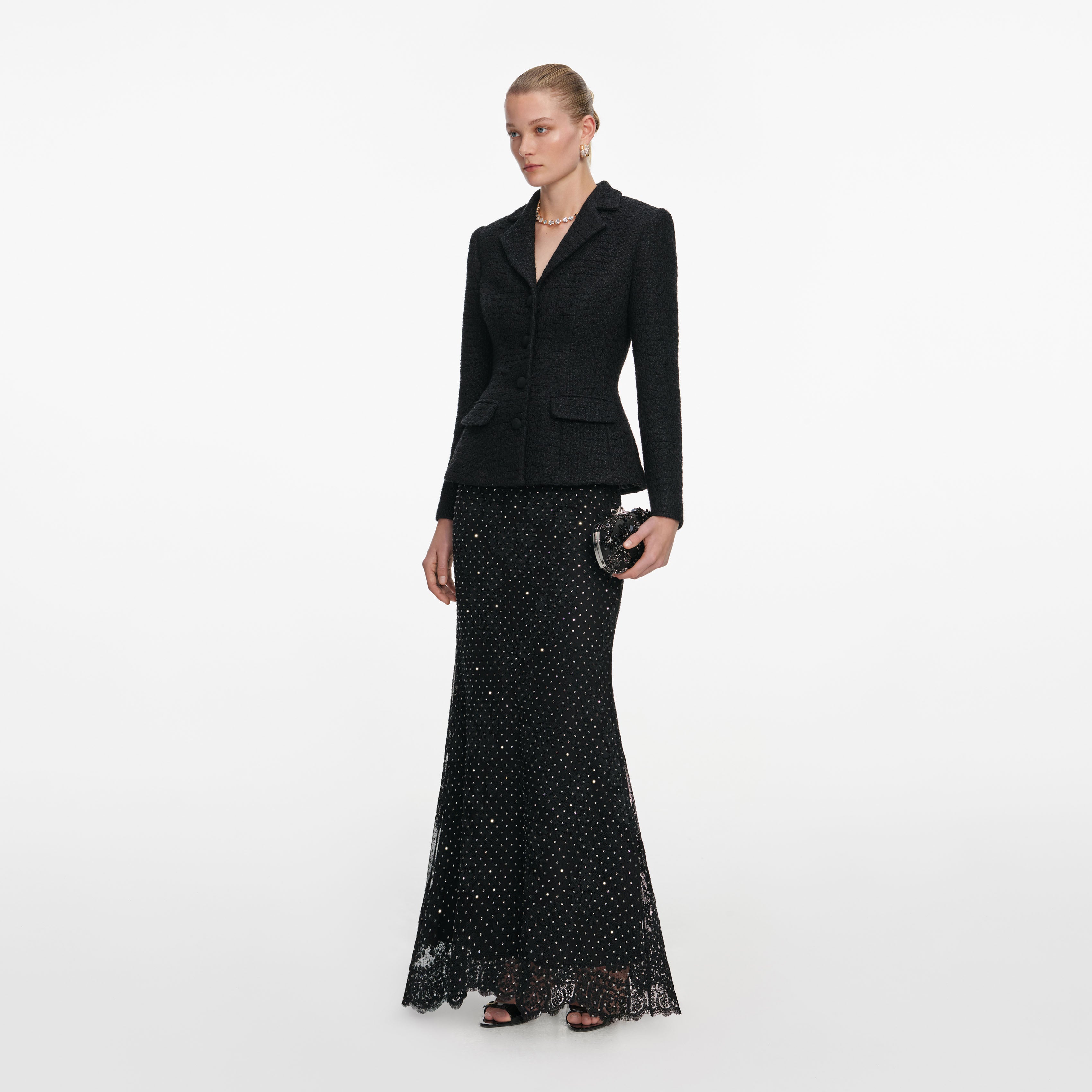 Self Portrait Black Boucle Rhinestone Maxi Kleid Schwarz