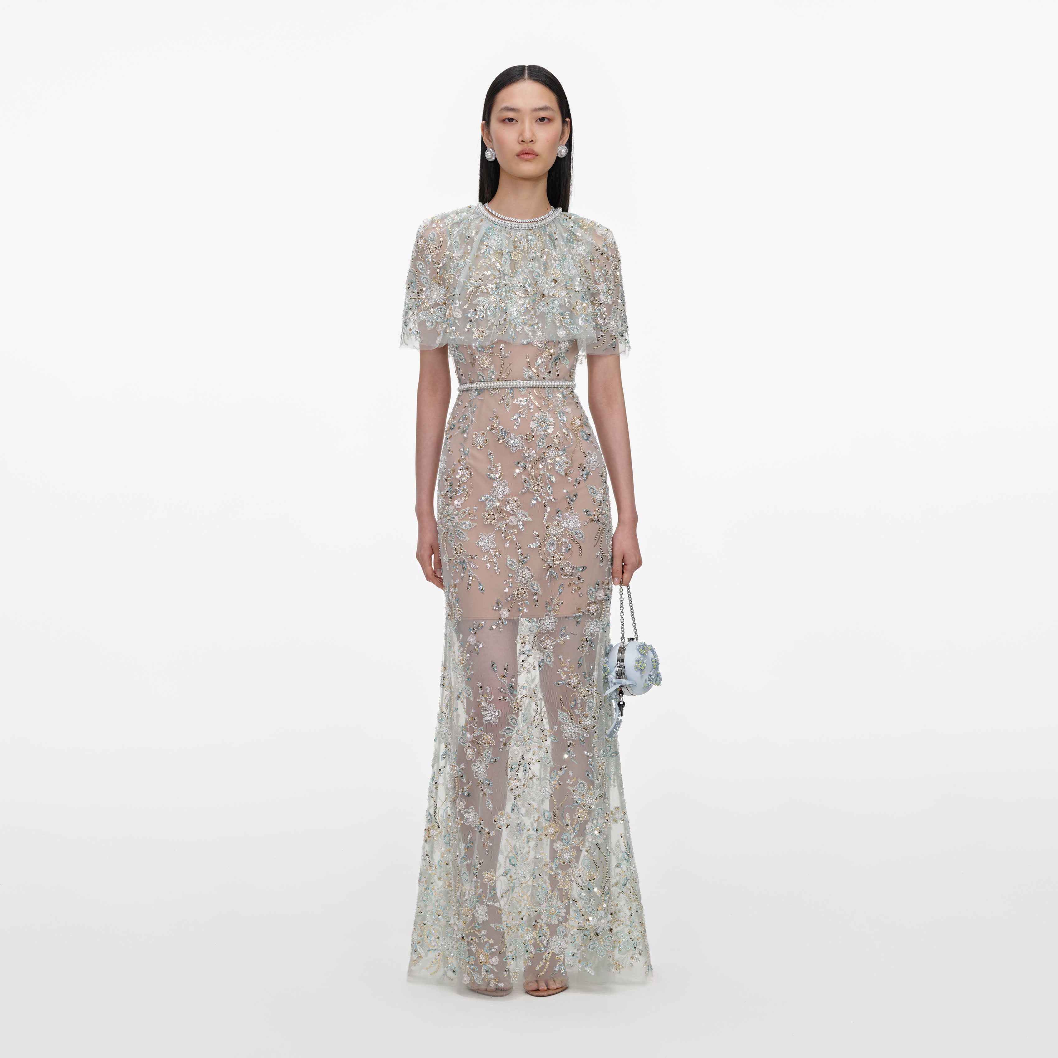 Self Portrait Cape Maxikleid Mint Pailletten UK 8
