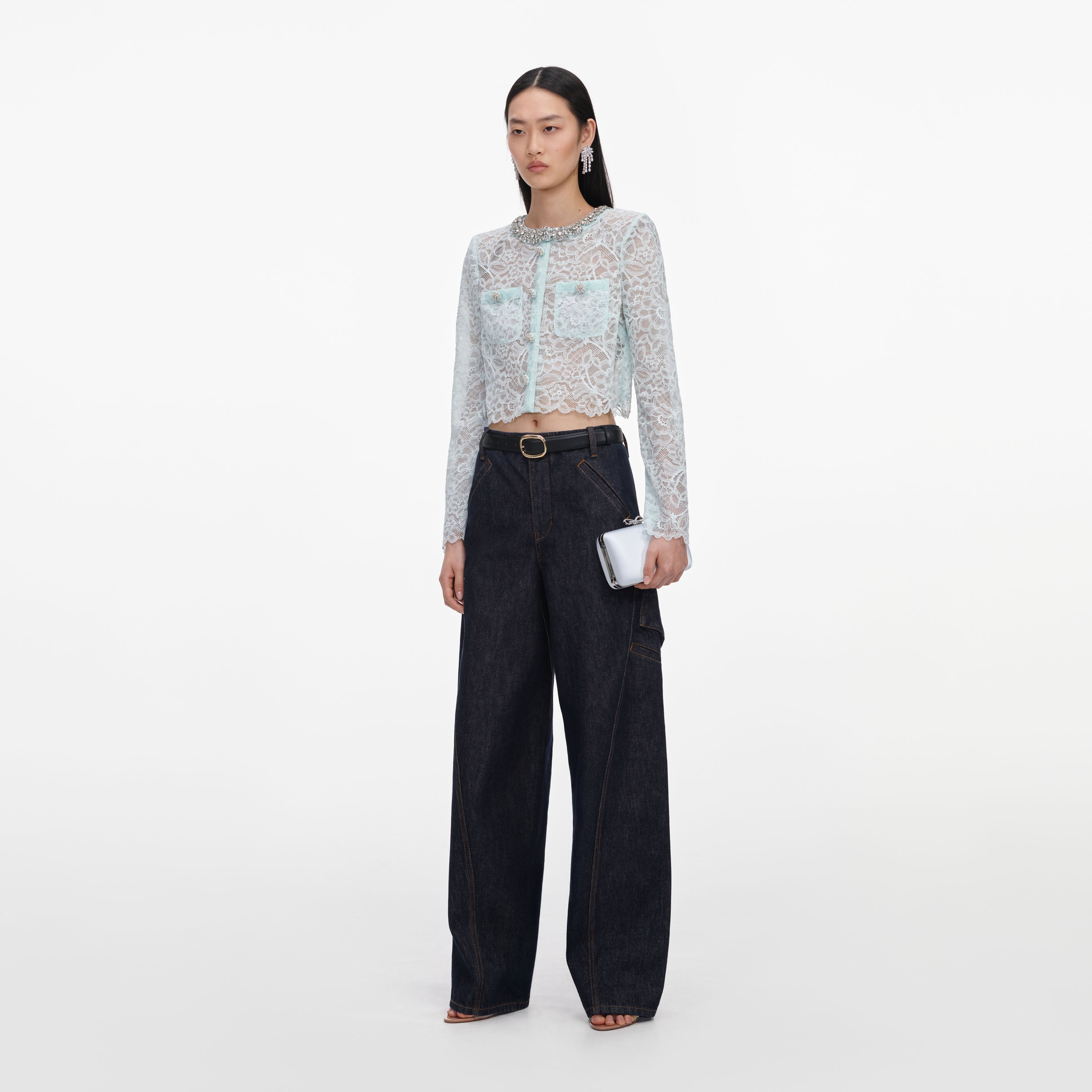 Self Portrait Mint Lace Crystal Jacke Spitze Mint mit Strass