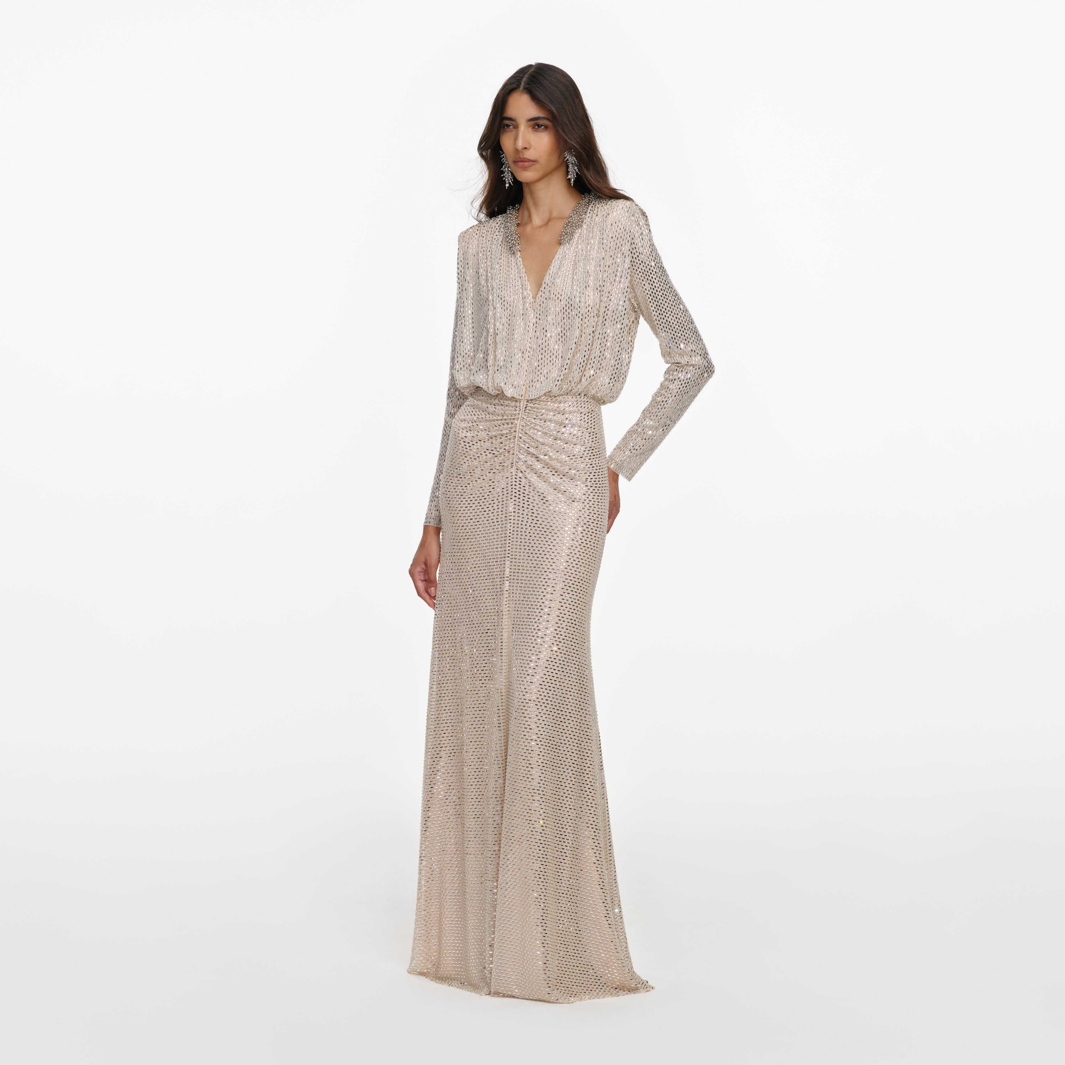 Self Portrait Champagne Rhinestone Maxikleid Champagner
