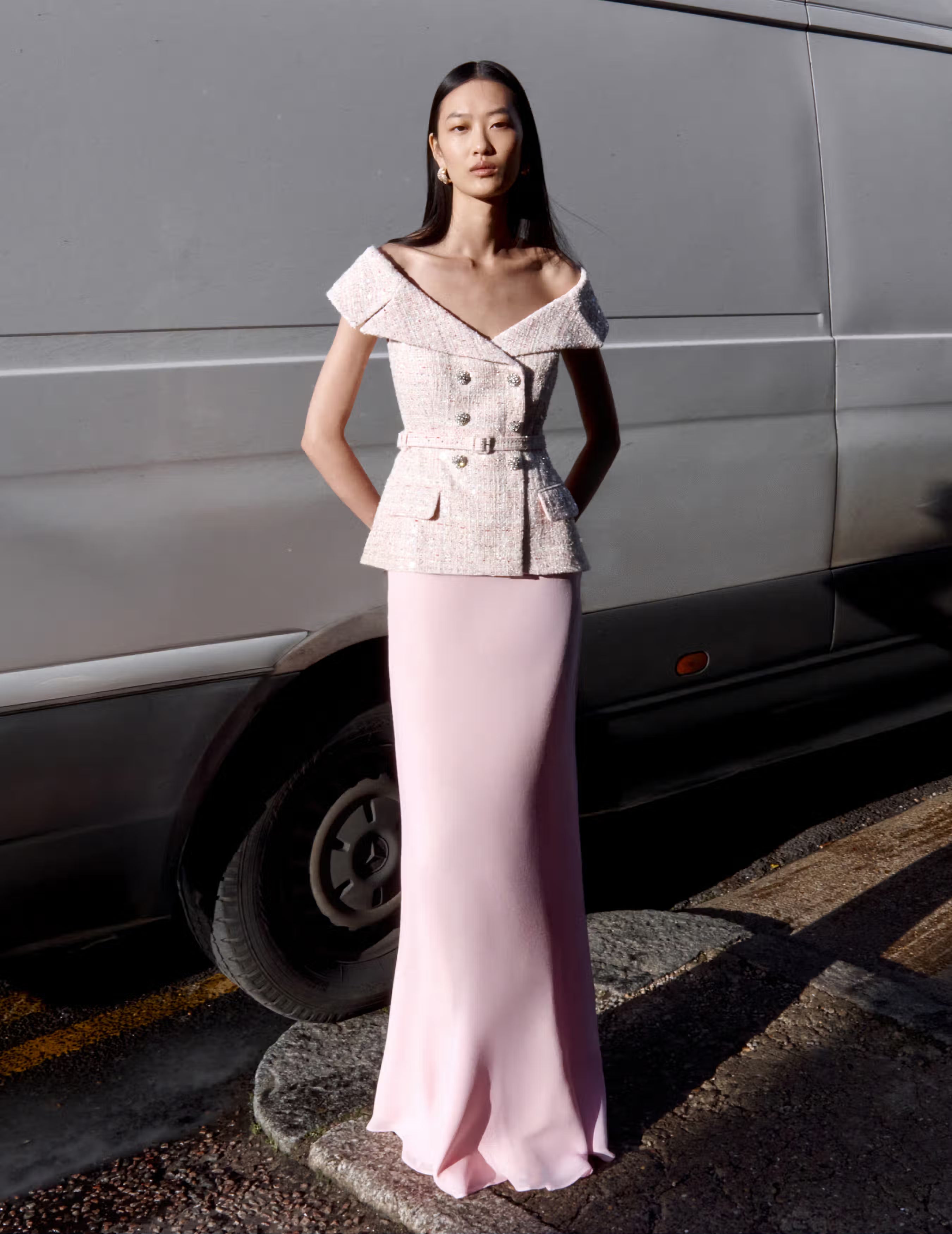 Self Portrait Sequin Boucle Maxikleid Pink Gürtel
