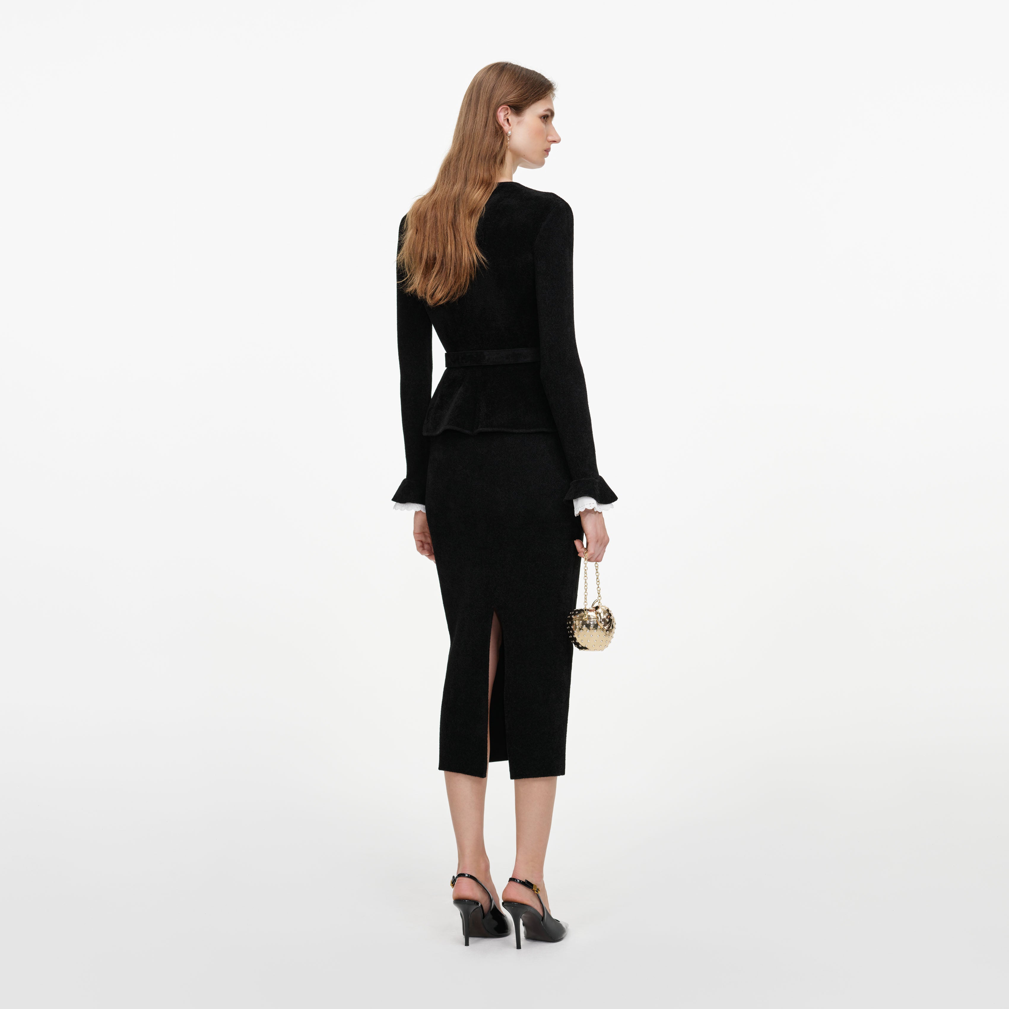Self Portrait Black Chenille Peplum Midi Kleid Schwarz S