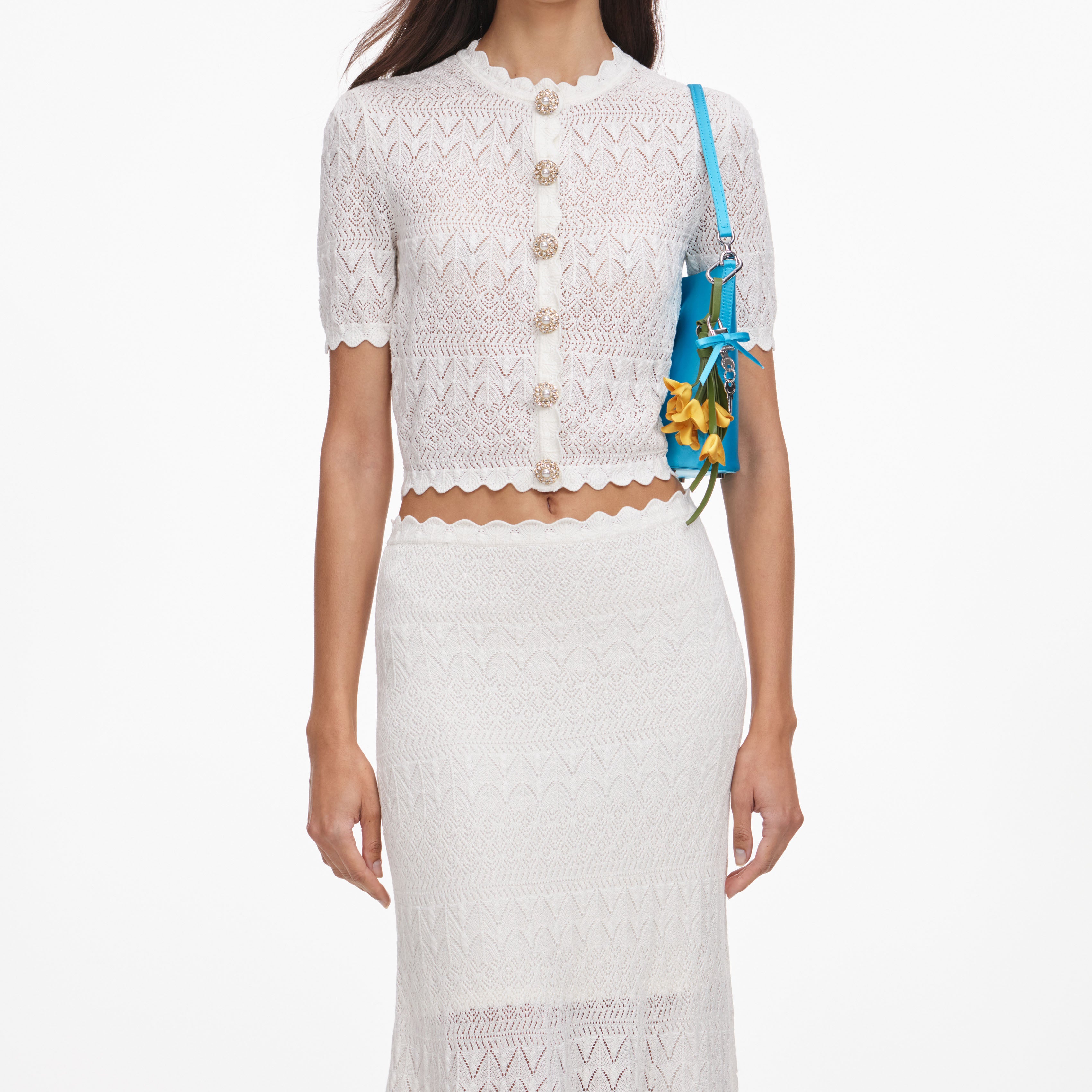 Self Portrait White Pointelle Knit Midi Rock Weiß S Strick