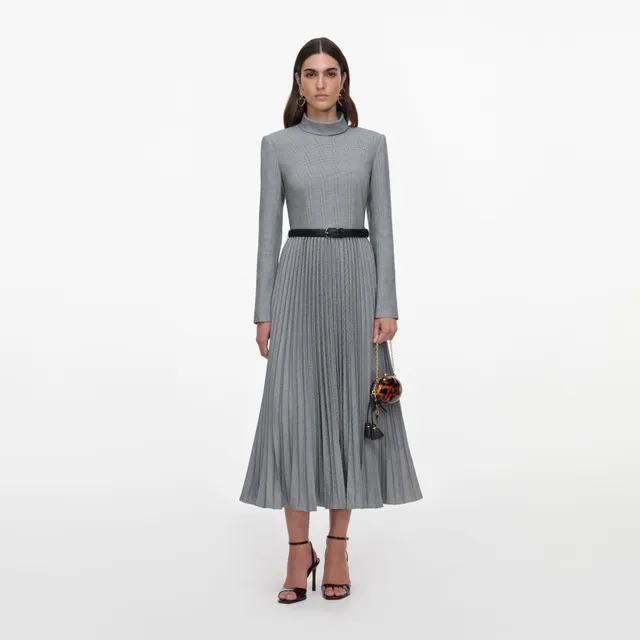 Self Portrait Dresses Grey Check Pleated Midi Kleid Grau Wolle