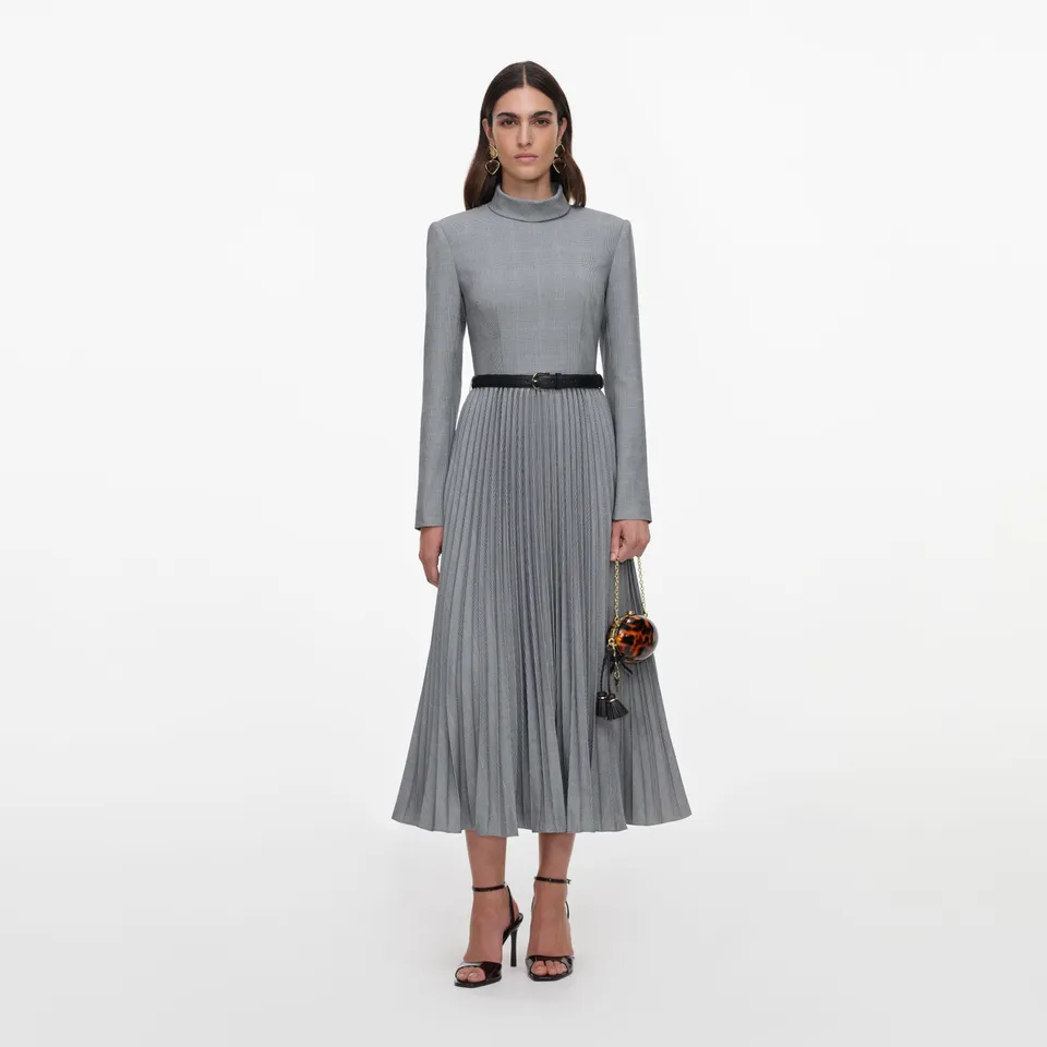 Self Portrait Dresses Grey Check Pleated Midi Kleid Grau Wolle