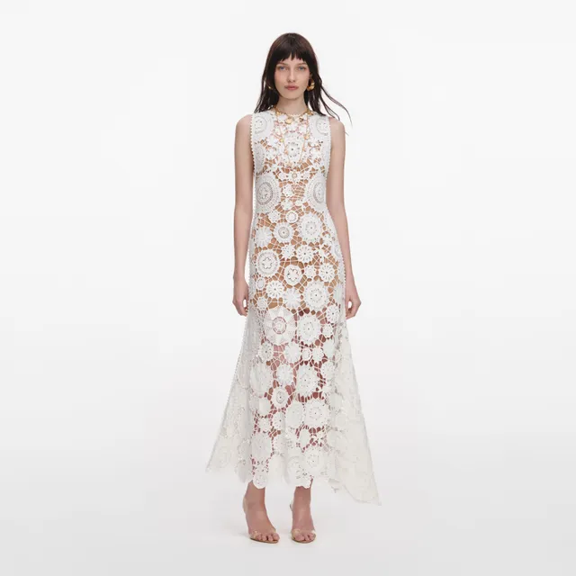 Self Portrait White Crochet Maxi Kleid UK 6 Weiß Baumwolle