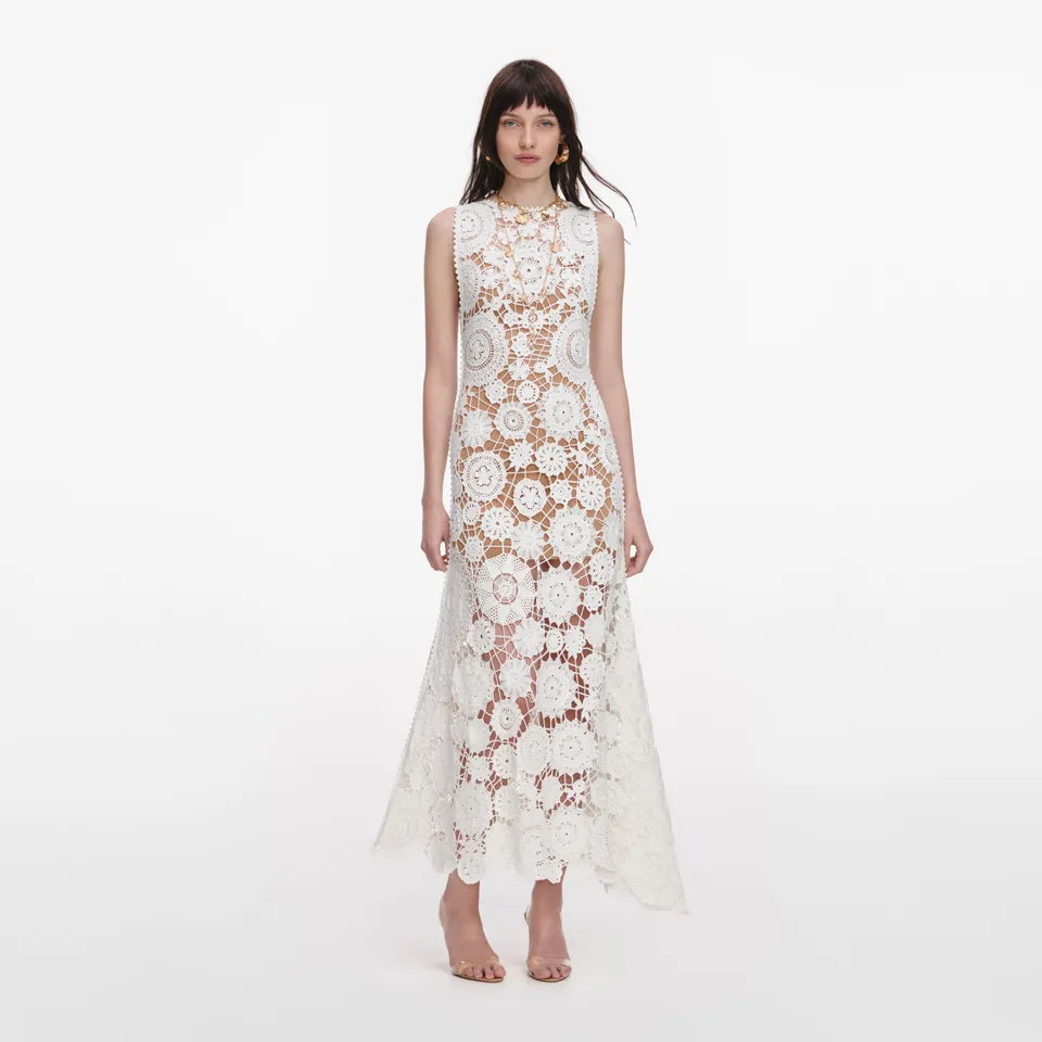 Self Portrait White Crochet Maxi Kleid UK 6 Weiß Baumwolle