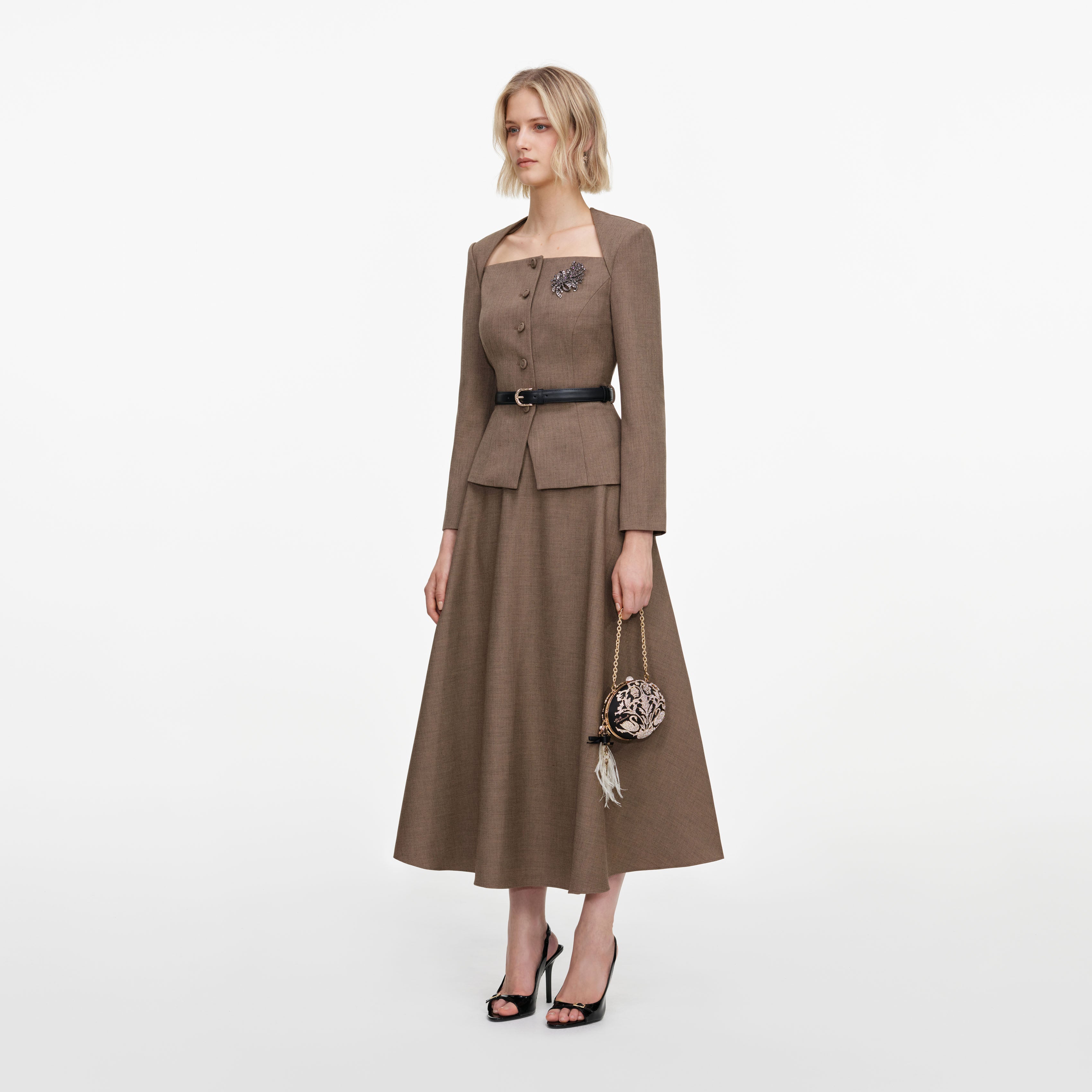 Self Portrait Brown Tailored Twill Midikleid Braun