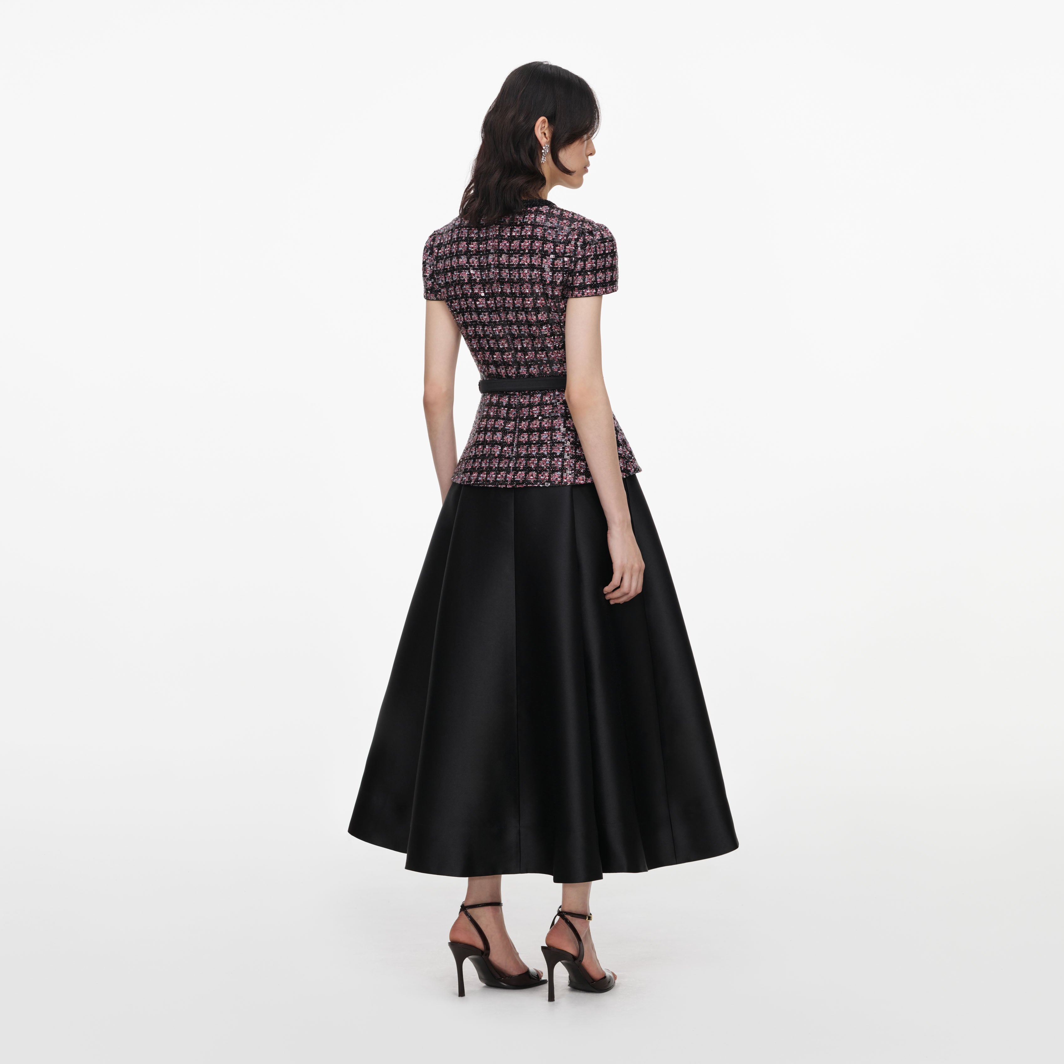 Self Portrait Pink Black Sequin Boucle Midi Dress Paillettenkleid