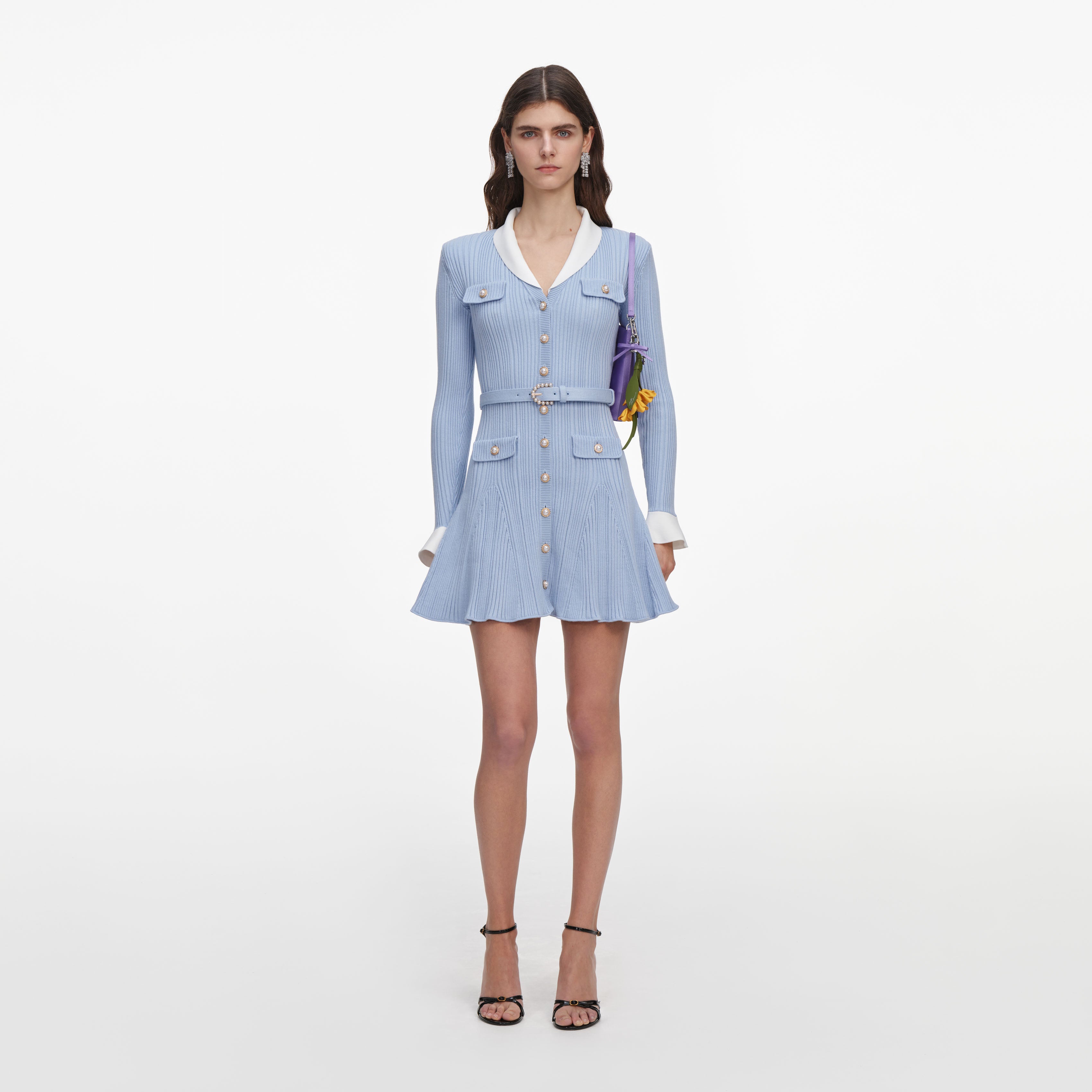 Self Portrait Strickkleid Hellblau Rippstrick Mini