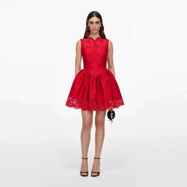 Self Portrait Red Taffeta Lace Mini Kleid UK 8
