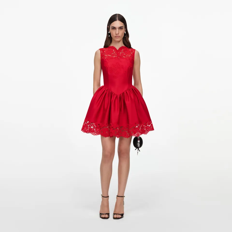 Self Portrait Red Taffeta Lace Mini Kleid UK 8