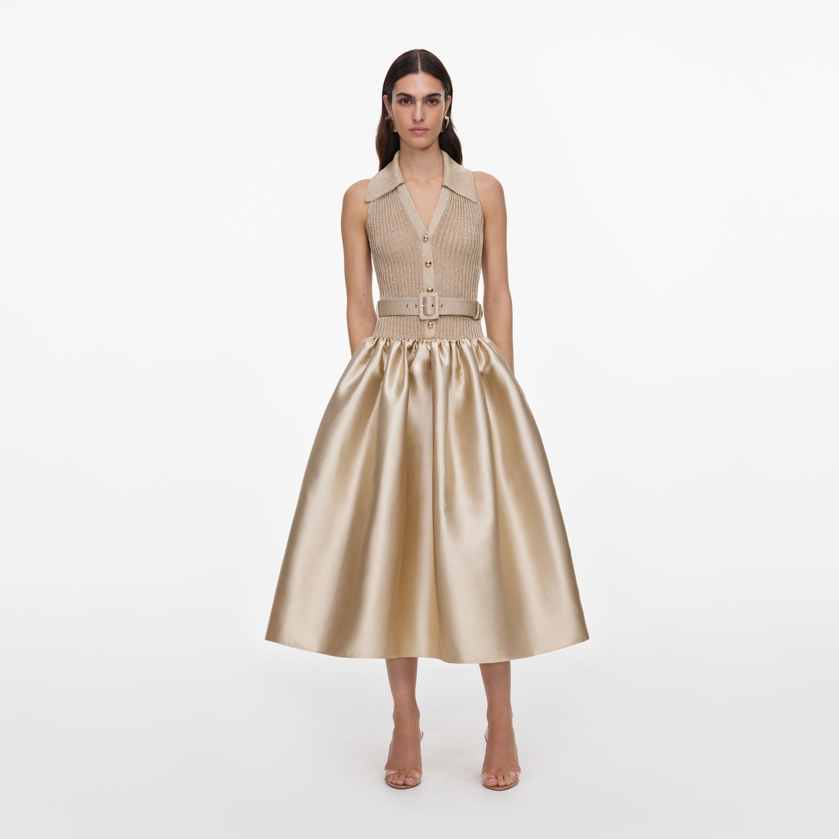 Self Portrait Gold Sleeveless Knit Midikleid Gold Taft