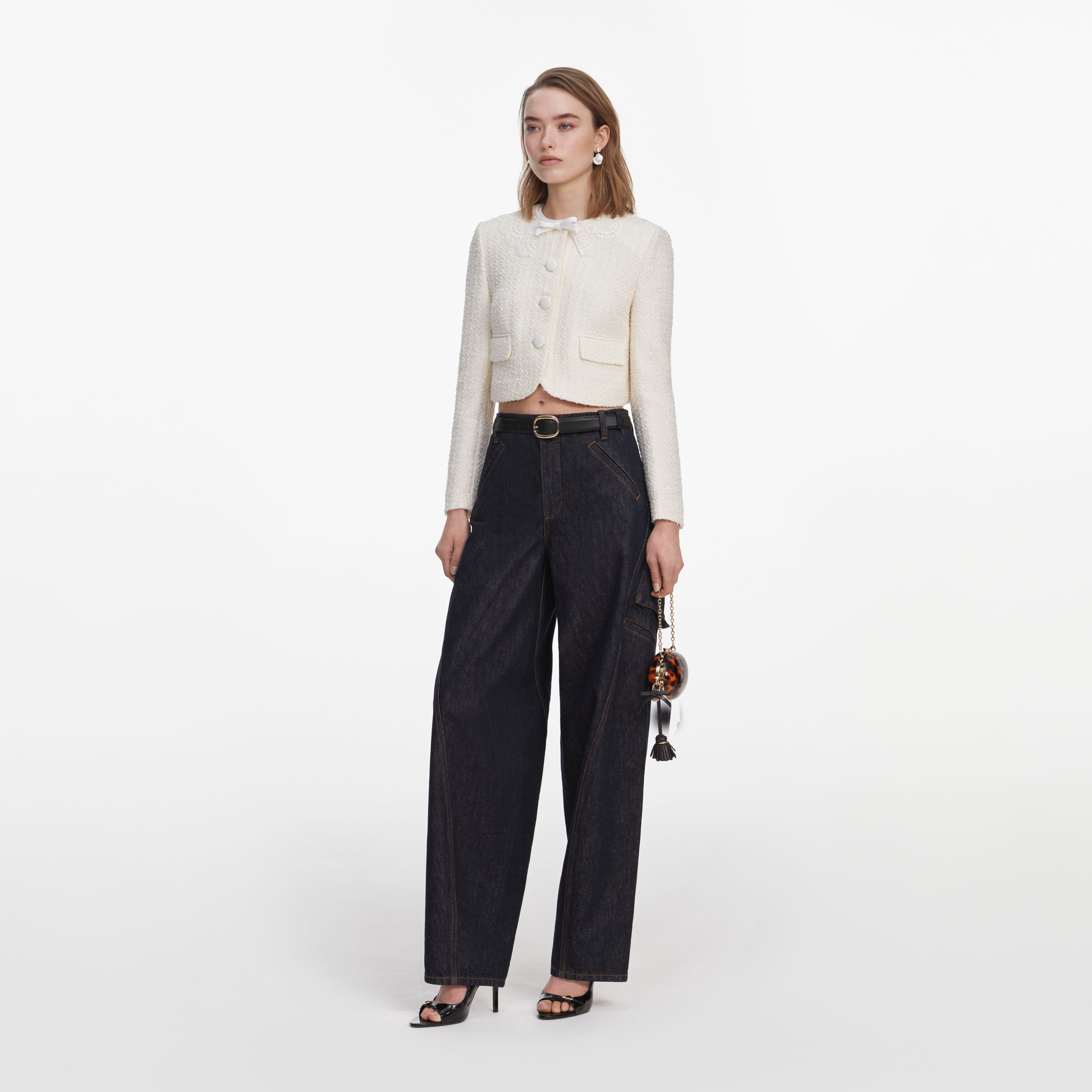 Self Portrait Outerwear Boucle Jacke Creme Schleife
