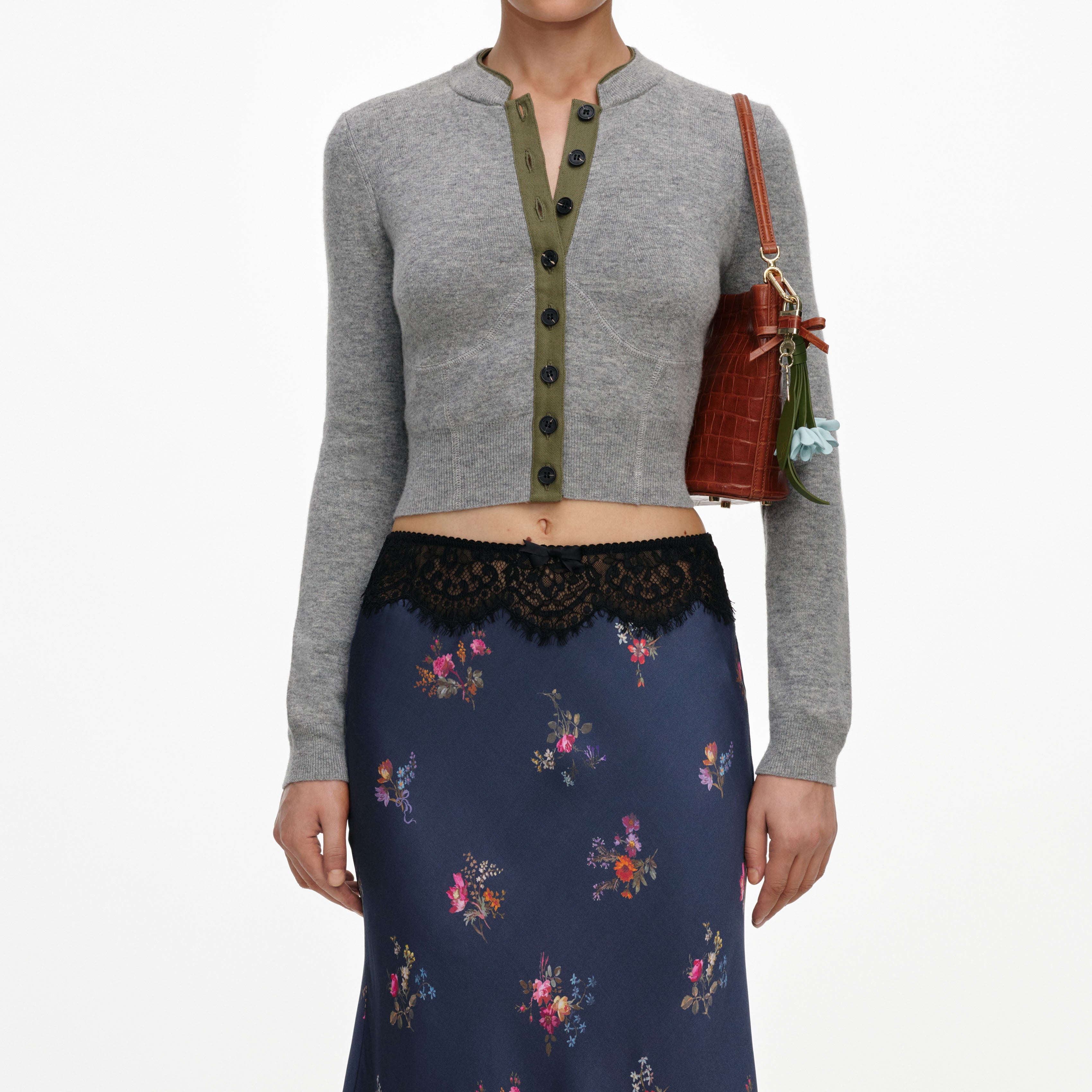 Self Portrait Navy Satin Midirock Blau Spitze Floral
