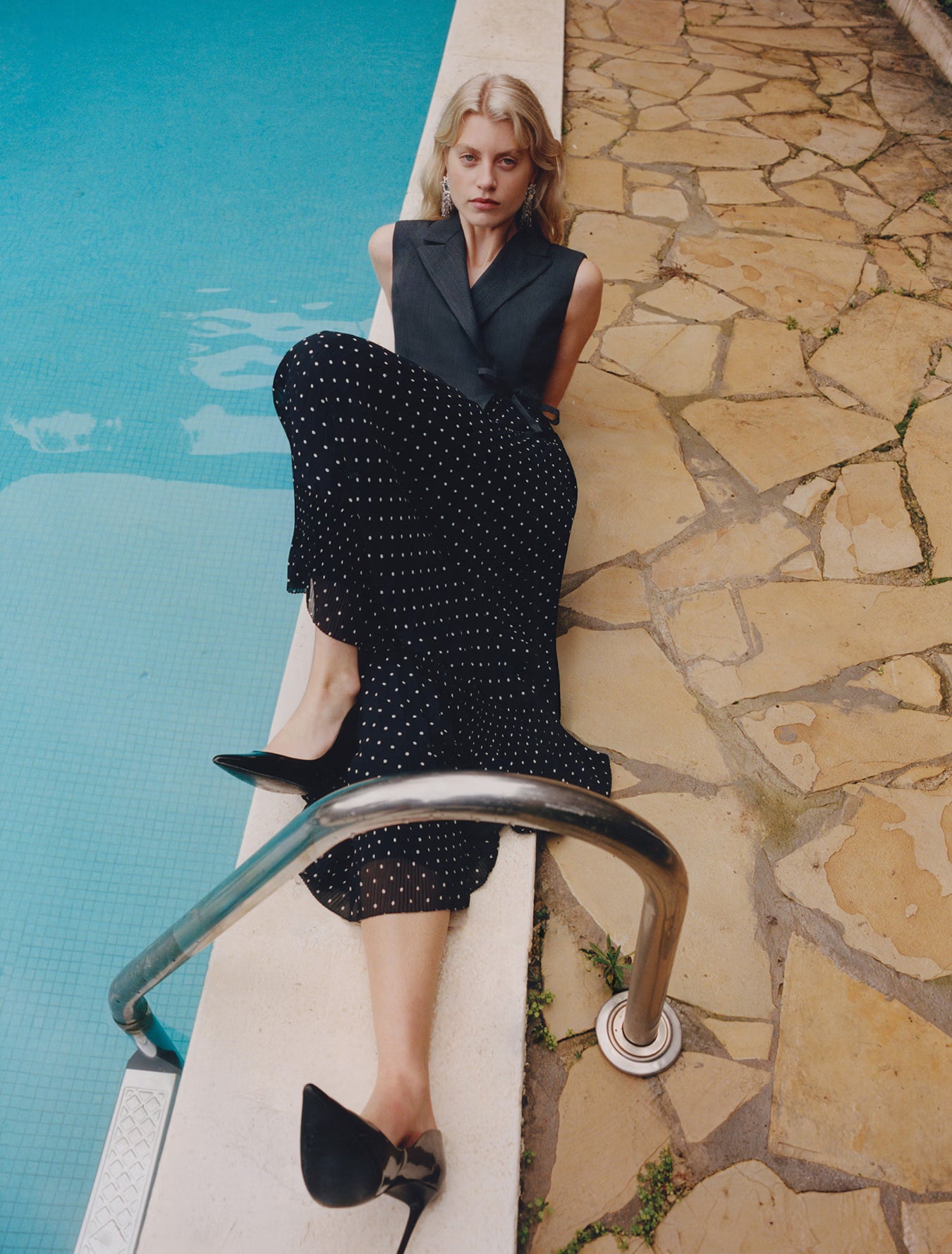 Self Portrait Graues Polka Dot Midikleid Wolle Tailored