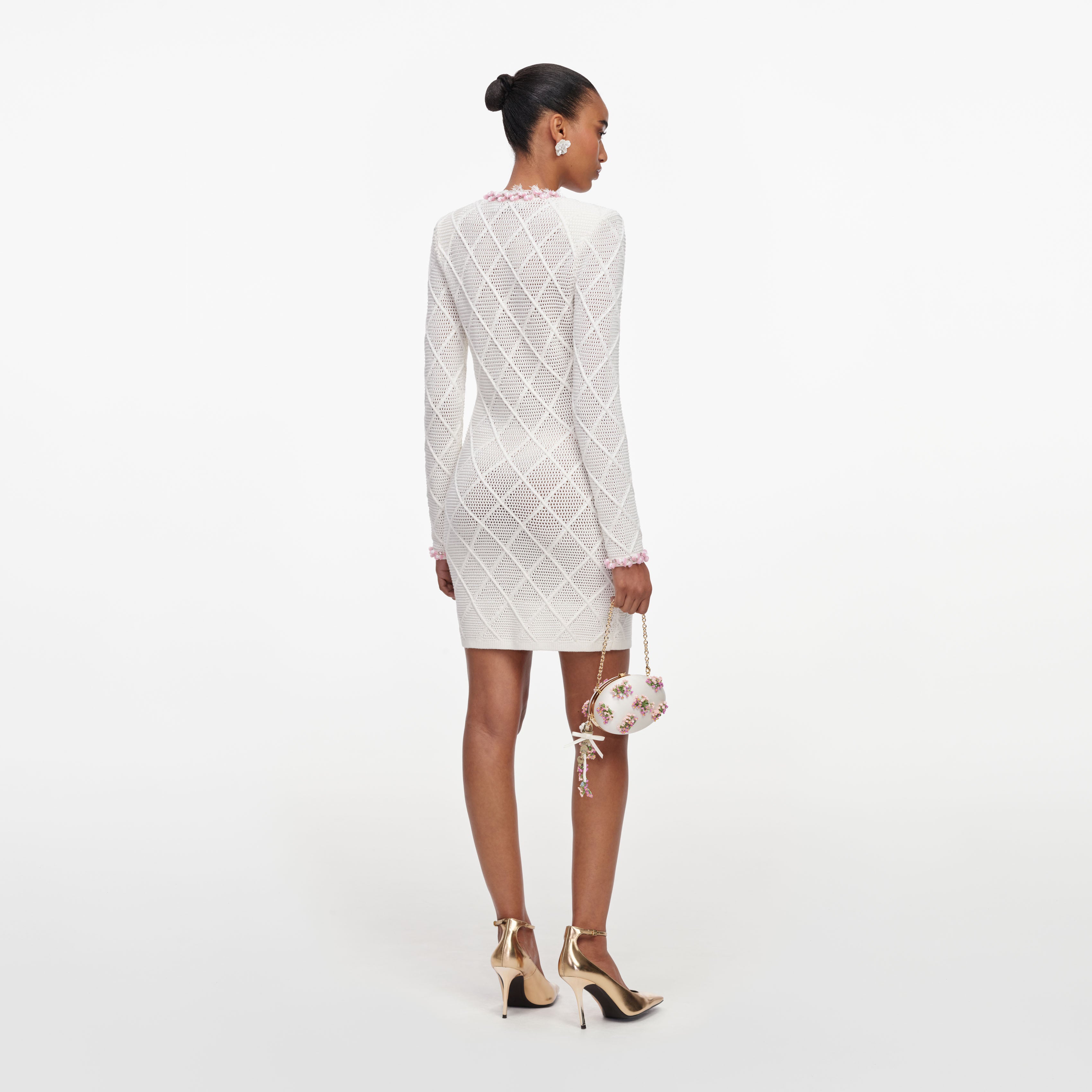Self Portrait Cream Fringe Strick Mini Kleid Creme