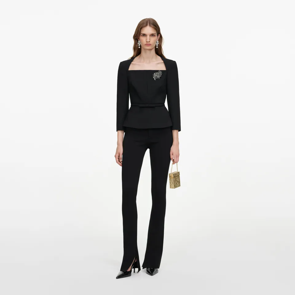Self Portrait Black Tailored Brooch Top schwarz Wolle Brosche
