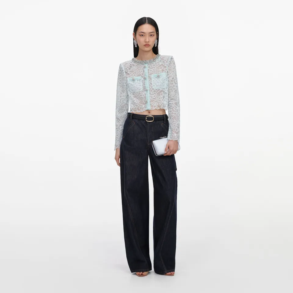 Self Portrait Mint Lace Crystal Jacke Spitze Mint mit Strass