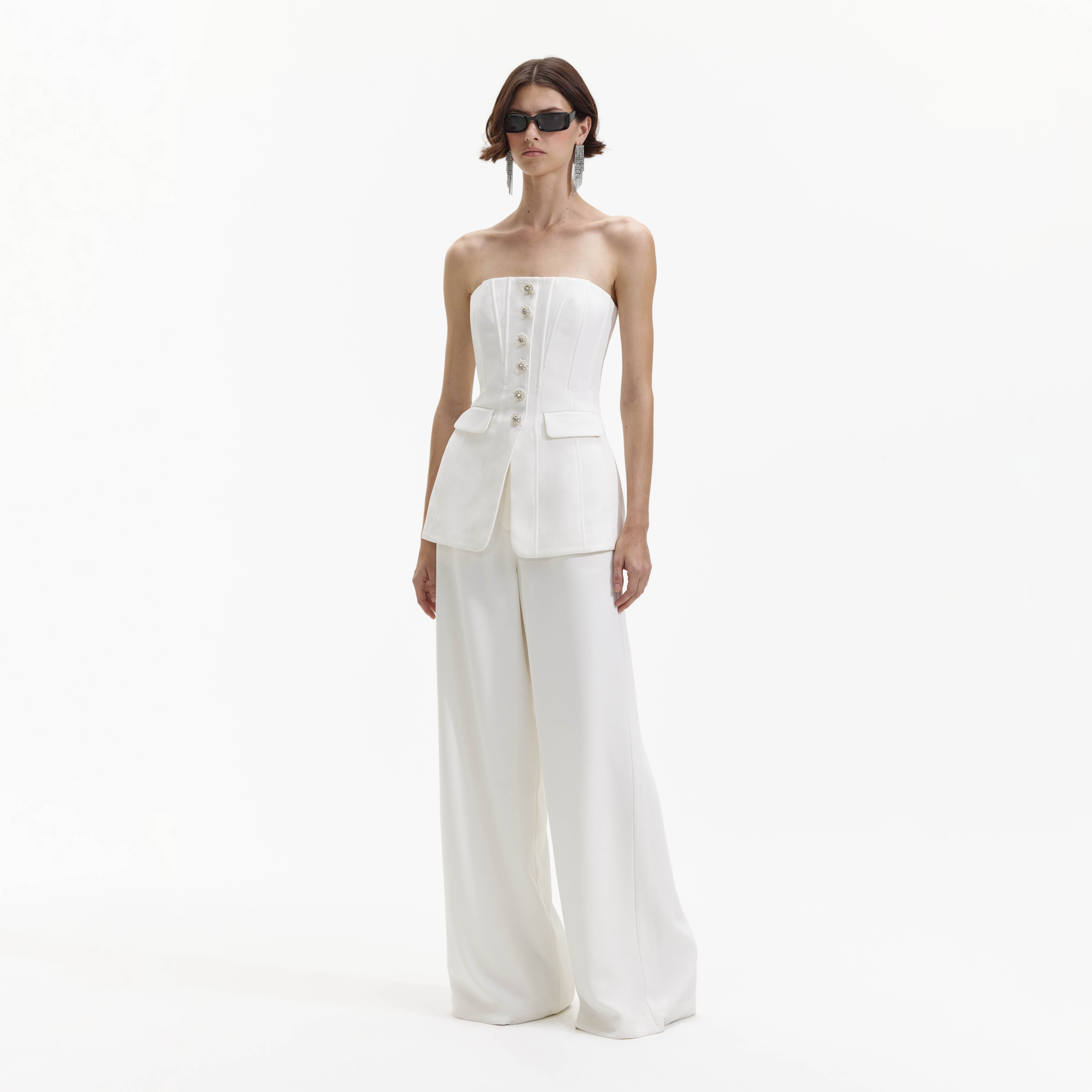 Self-Portrait White Bandeau Crepe Jumpsuit weiß