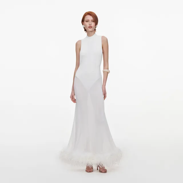 Self Portrait White Racer Feather Knit Midi Kleid Weiß
