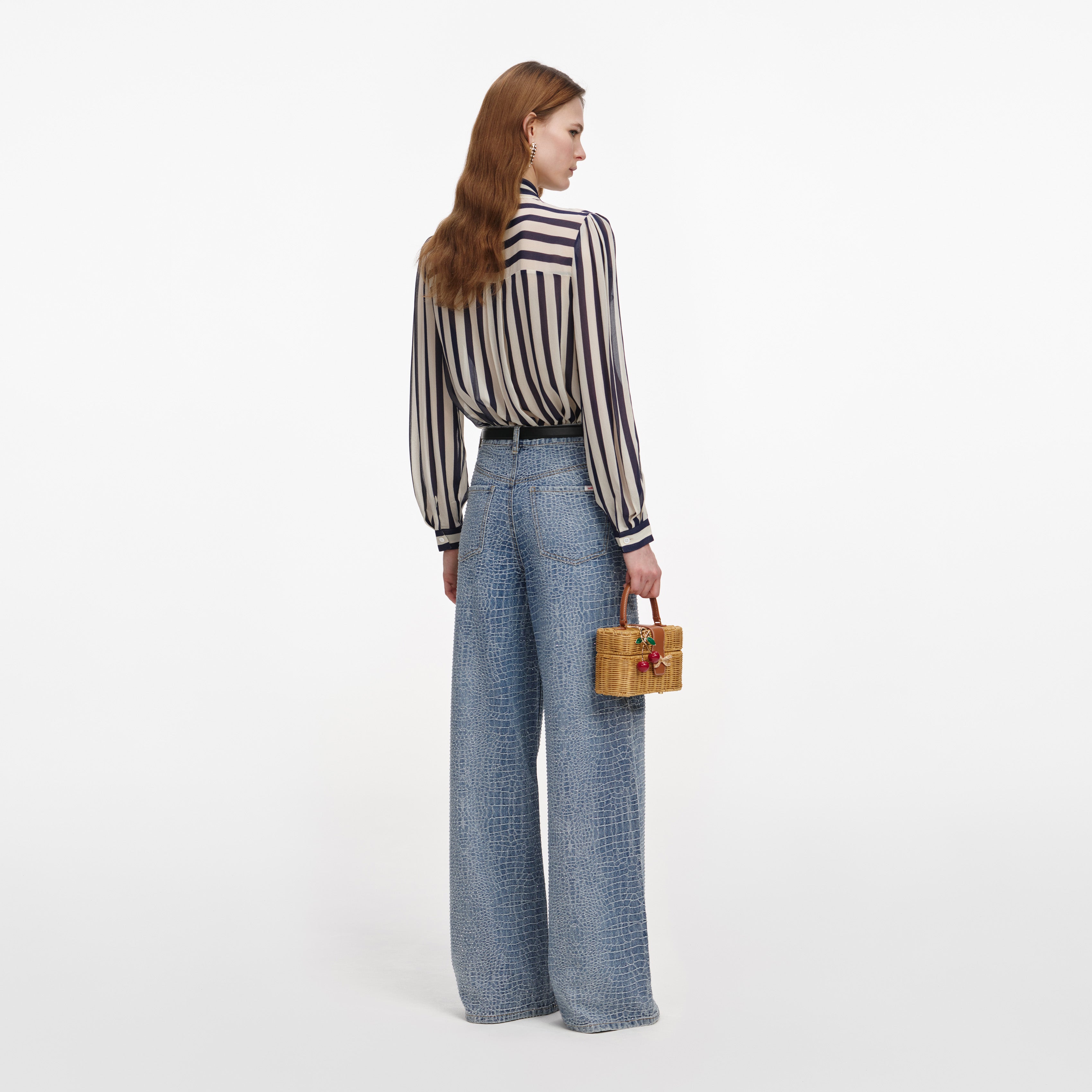 Self Portrait Navy Stripe Tie Neck Bluse Damen Georgette