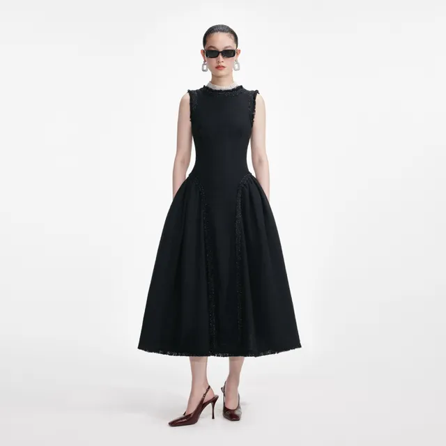 Self Portrait Black Boucle Midi Kleid Ärmellos Schwarz