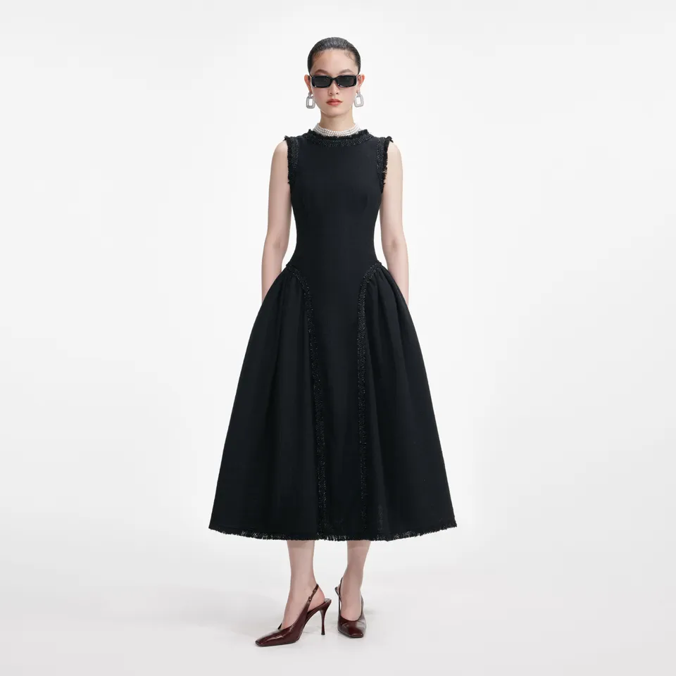 Self Portrait Black Boucle Midi Kleid Ärmellos Schwarz