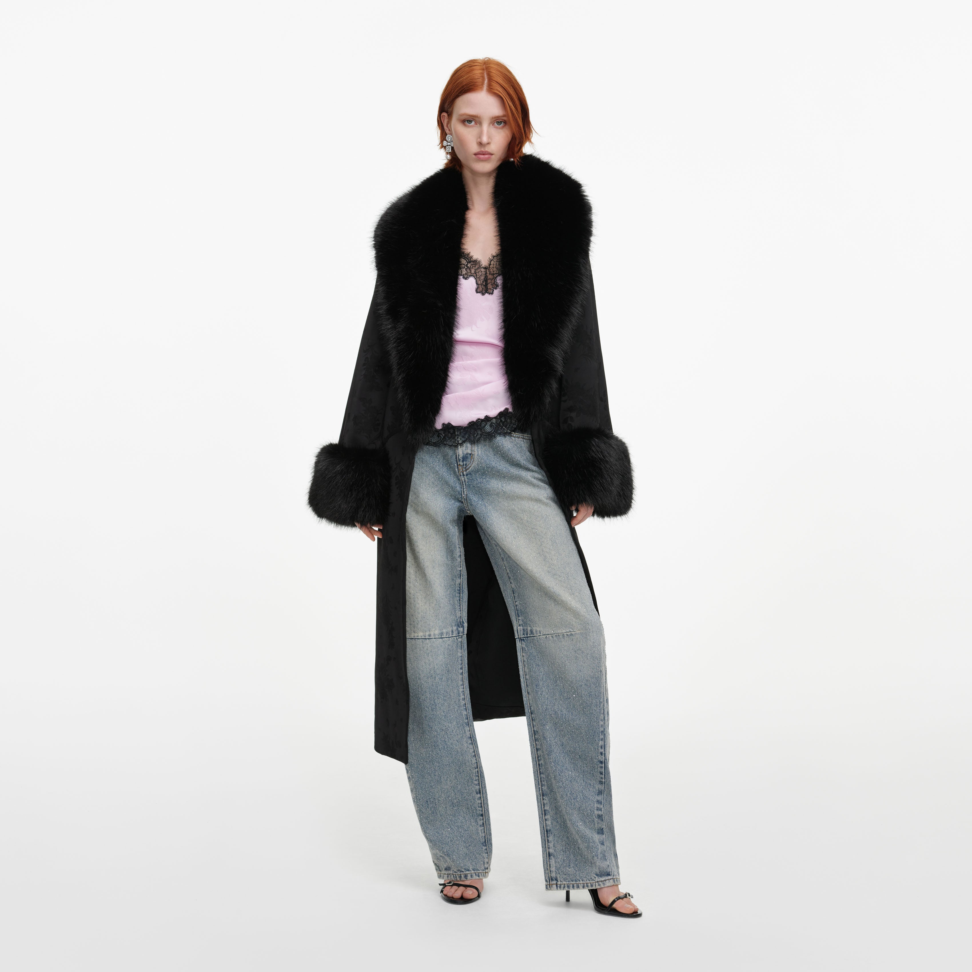 Self Portrait Jacquard Fur Collar Mantel Schwarz S