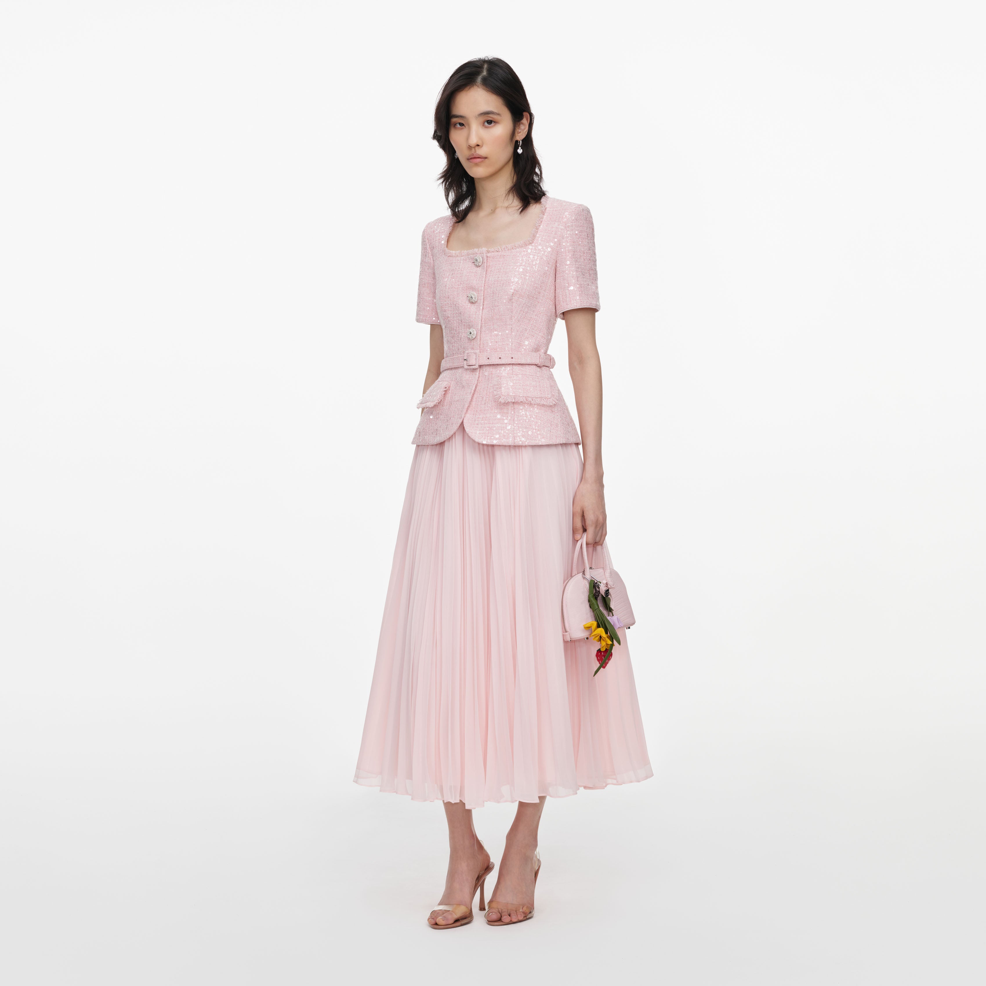 Self Portrait Pink Sequin Boucle Midikleid Rosa UK 4-16 Pailletten