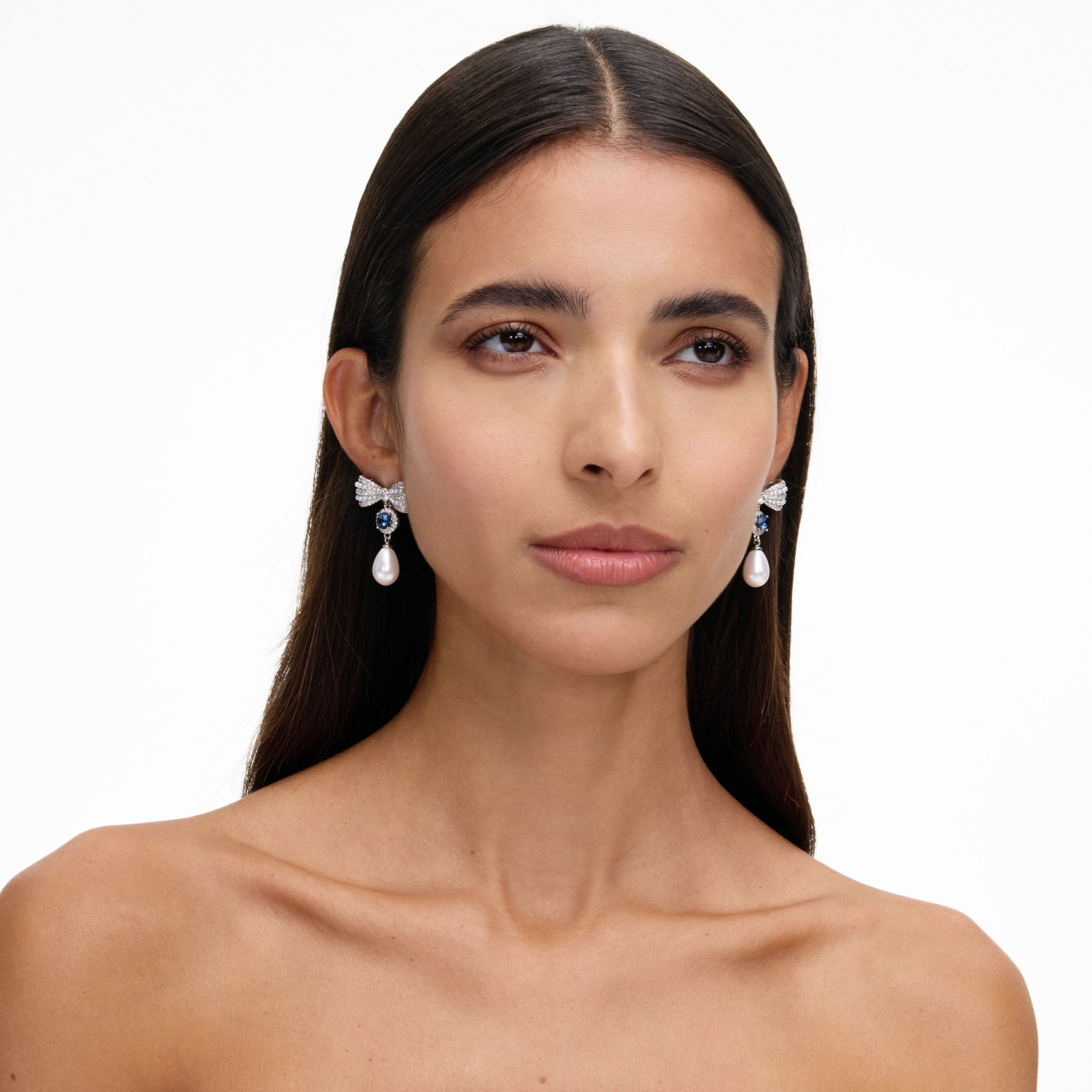 Self Portrait Silver Crystal Bow Blue Pearl Droplet Earrings Ohrringe One Size