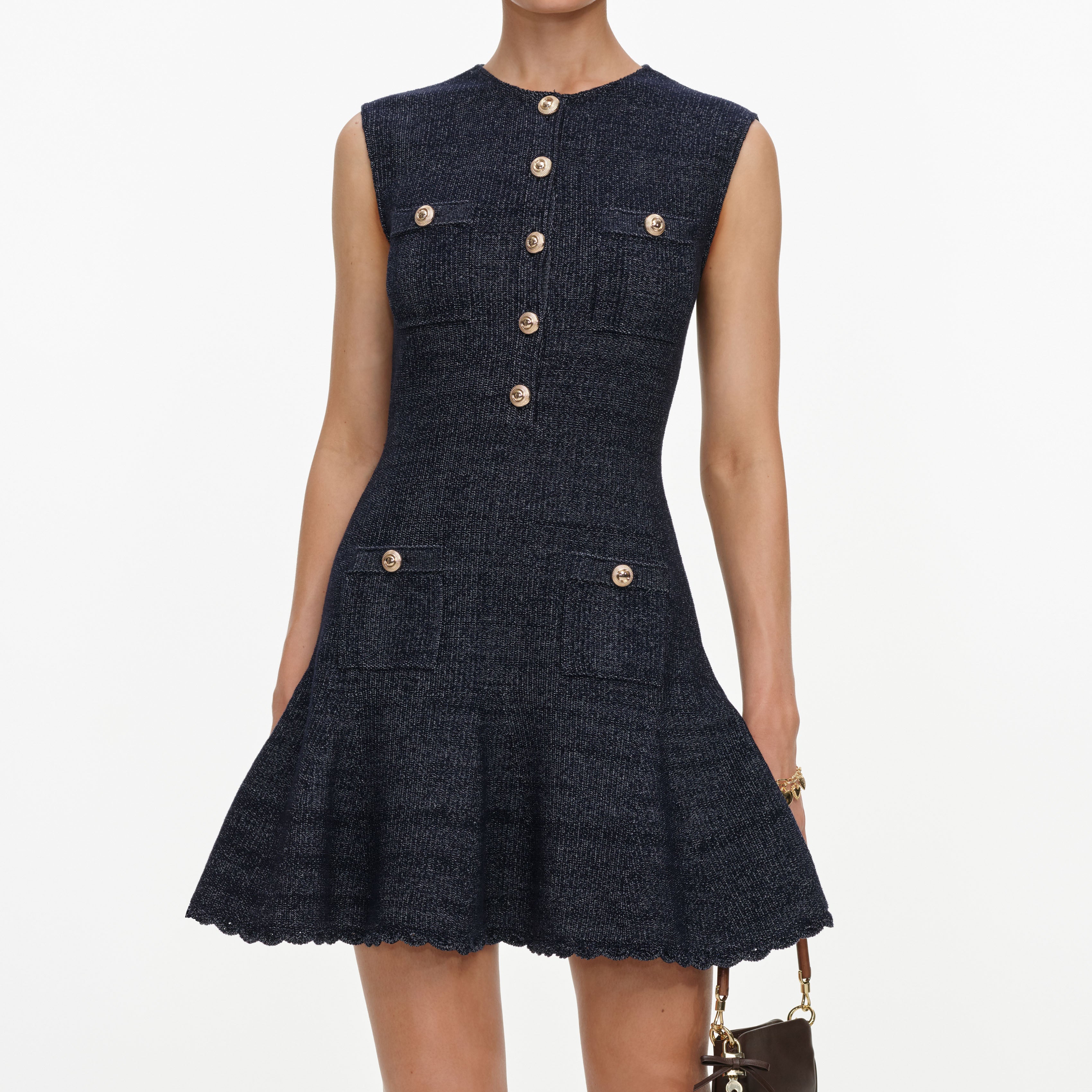 Self Portrait Navy Textured Strickkleid Mini