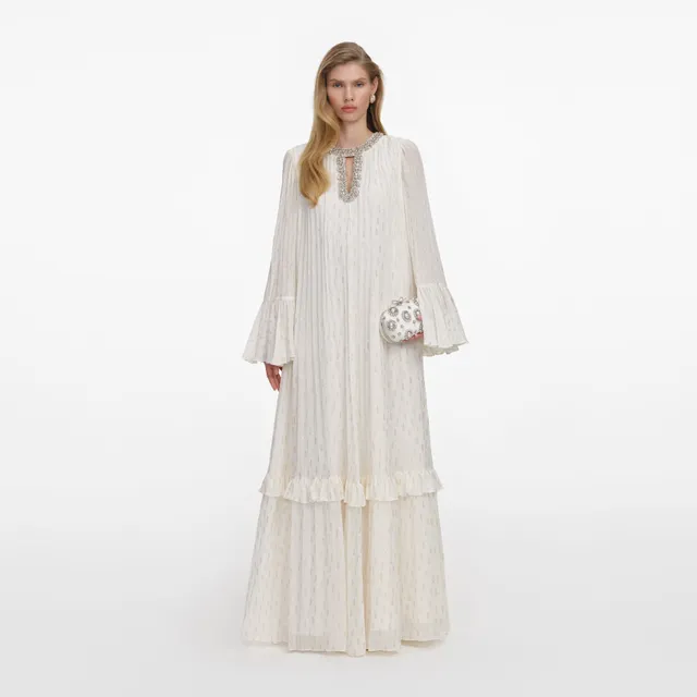 Self Portrait Cream and Gold Chiffon Maxikleid Creme